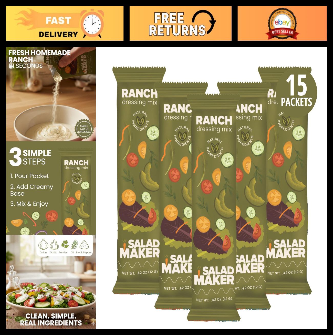 All-Natural Ranch Salad Dressing Mix – Keto, Vegan, Dairy-Free, Sugar-Free, 15 P