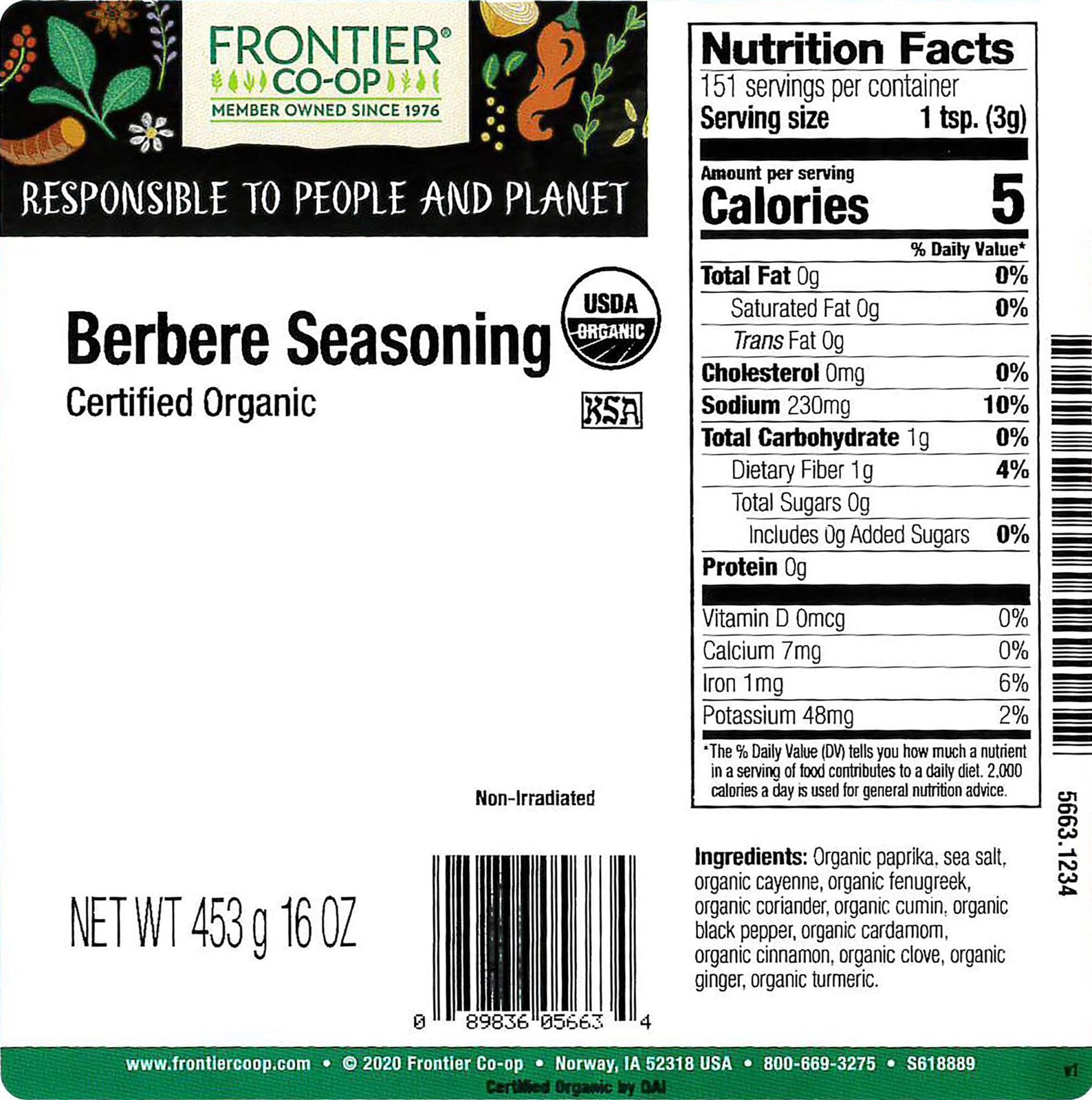 Frontier Co-op Berbere Seasoning, 1lb Bulk Bag, Organic 16 Ounce (Pack of 1)
