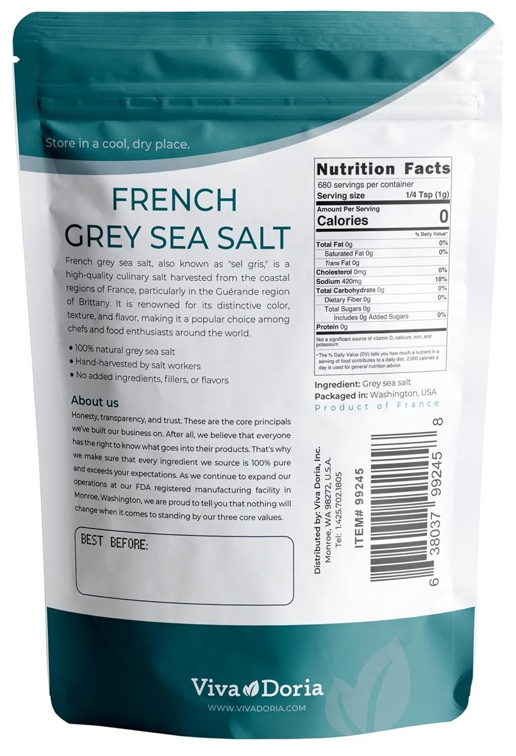 Light Grey Celtic Sea Salt (No Additives) Resealable Bag 1.5LB and Other Sizes