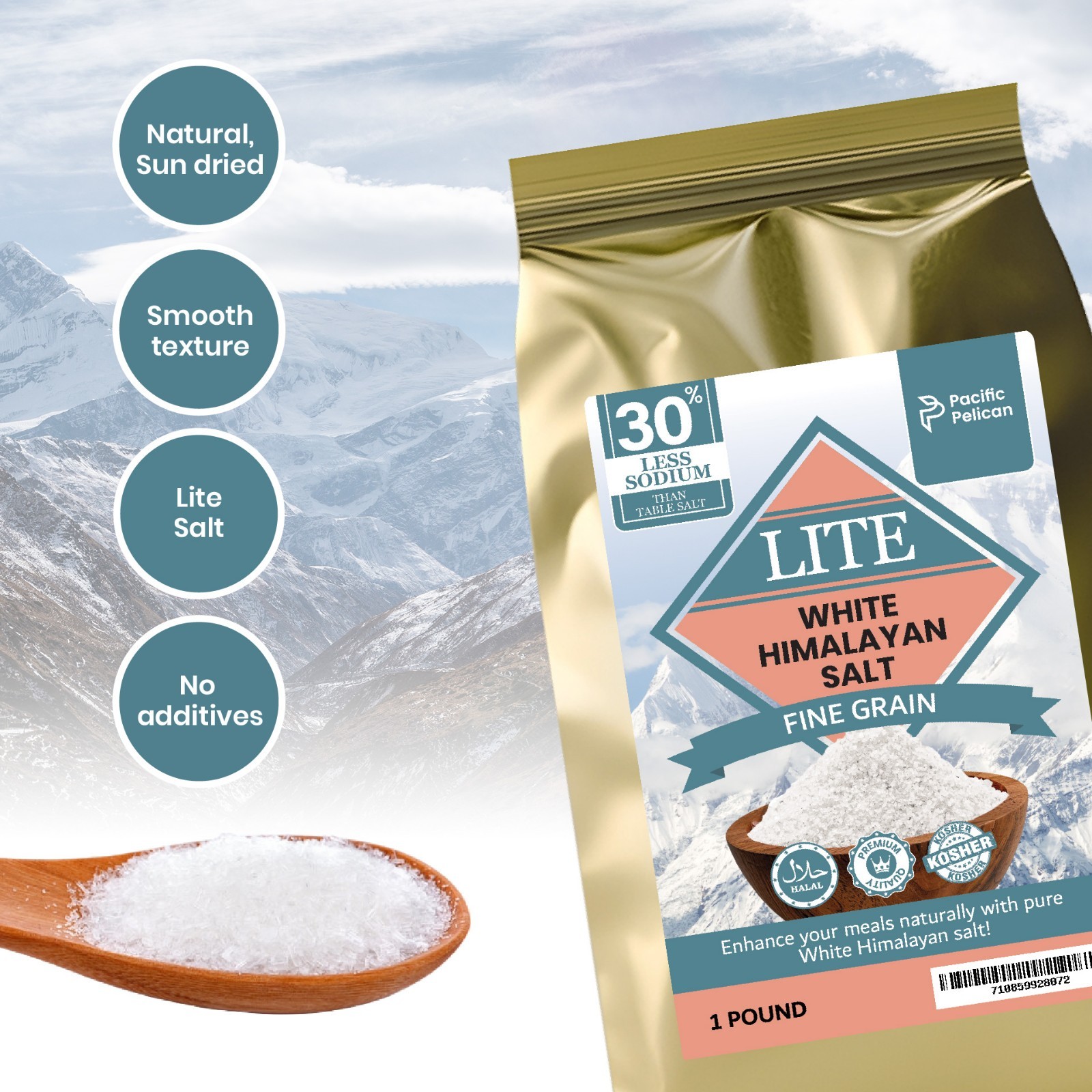 30% Less Sodium Iodized Lite White Himalayan Salt, Fine Grain, 1 Pound