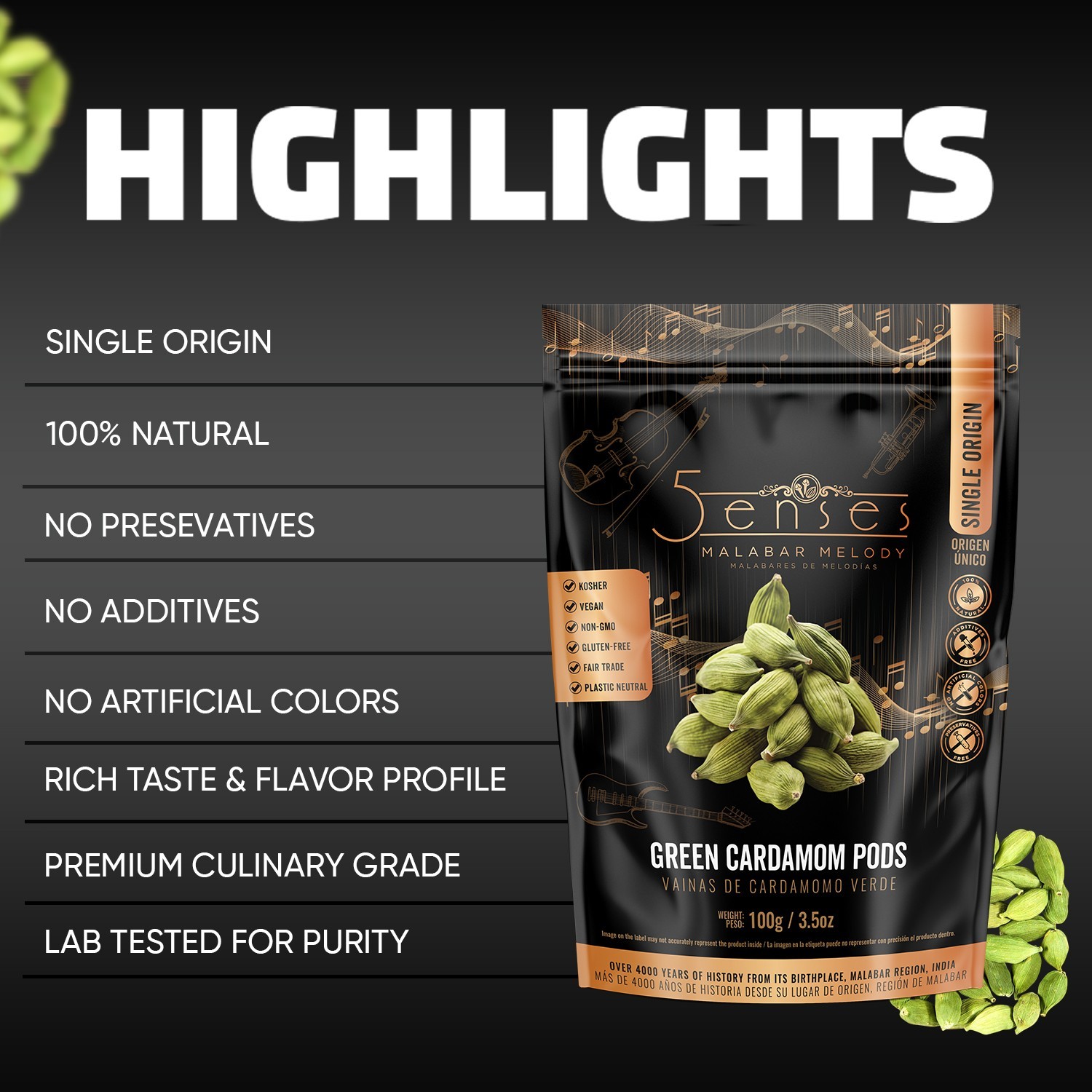 5Senses Green Cardamom Pods | Cardamomo | Single Origin Non-GMO, Fairtrade