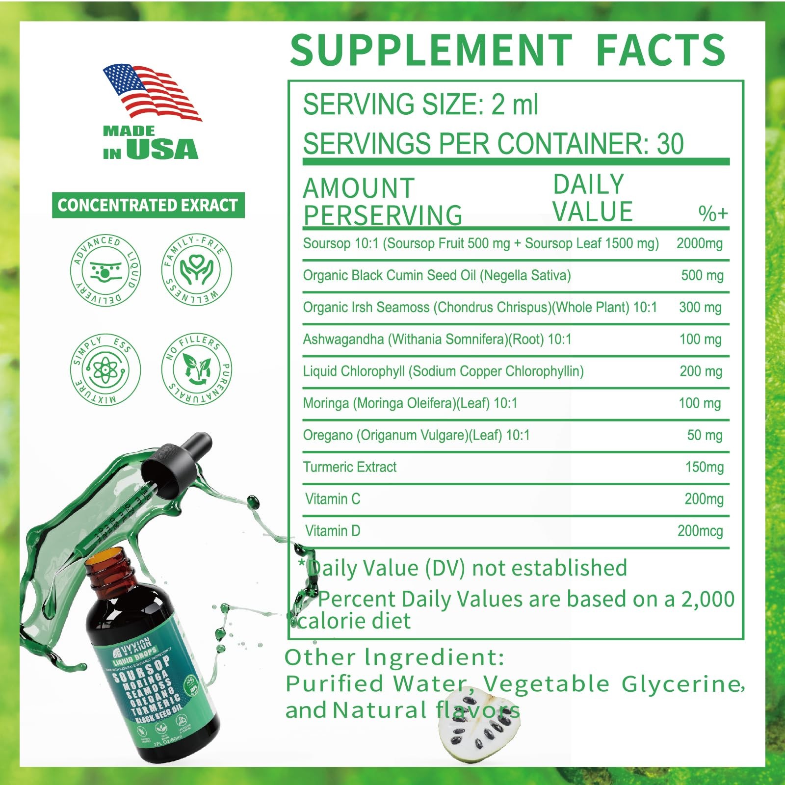 Soursop Pure Liquid Drops 10 in 1 with Sea Moss, Moringa, 2 Fl Oz (Pack of 2)