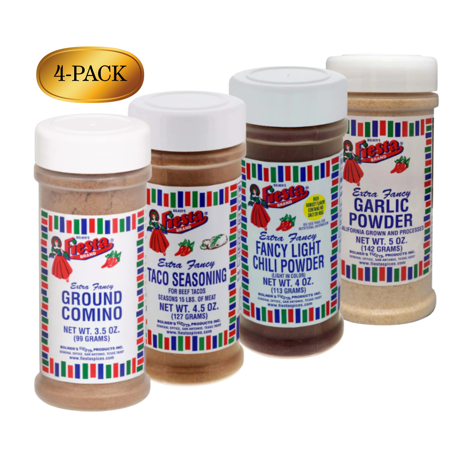 Fiesta Tex-Mex Essentials 4-Pack | Taco, Chili, Comino & Garlic Seasoning Set