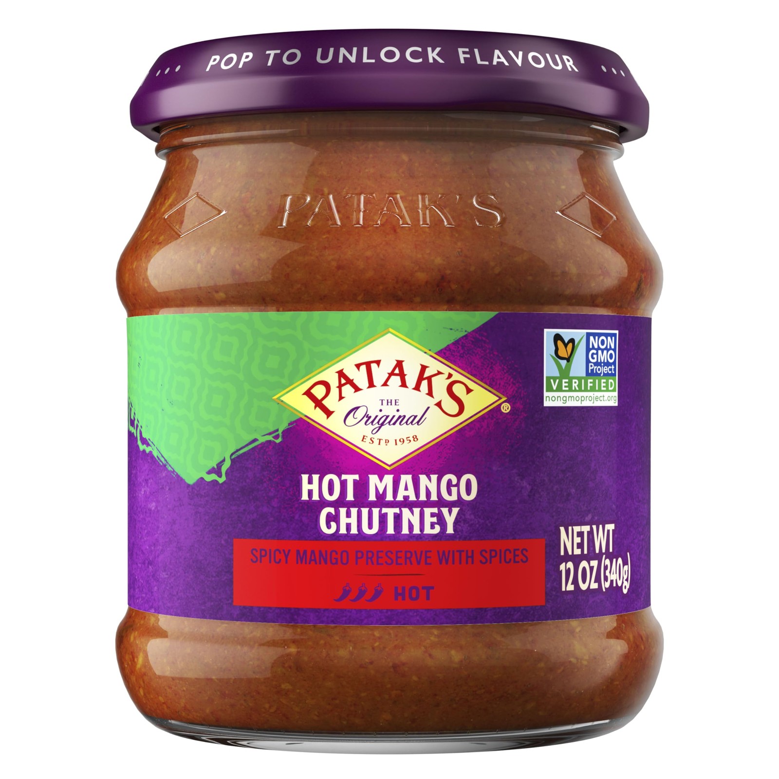 Patak’s Hot Mango Chutney 12oz Spicy Sweet Condiment for Dips and Grilling