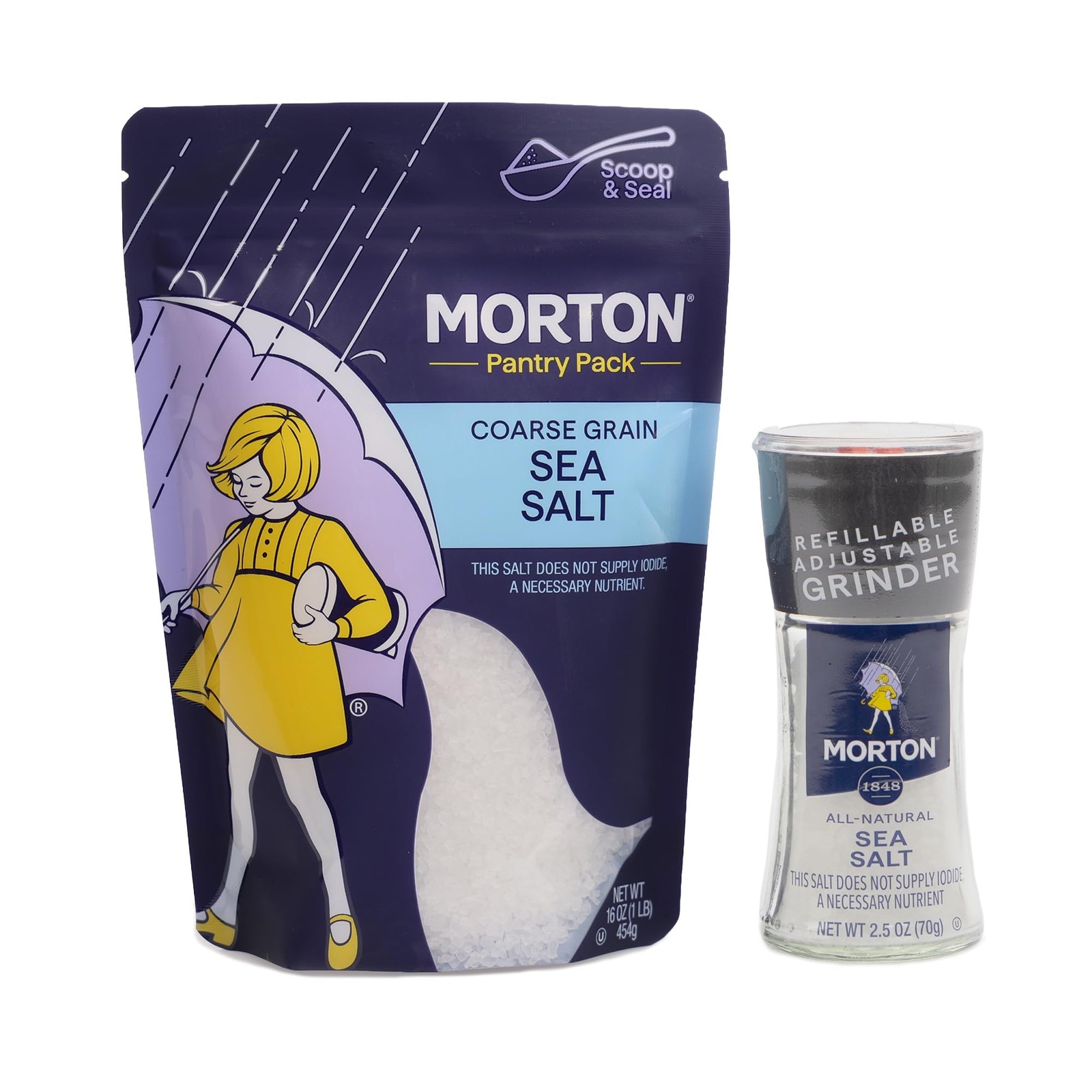 Morton Sea Salt 2Piece Bundle Set, Grinder, 2.5oz, & Coarse Grain Refill Pouc…