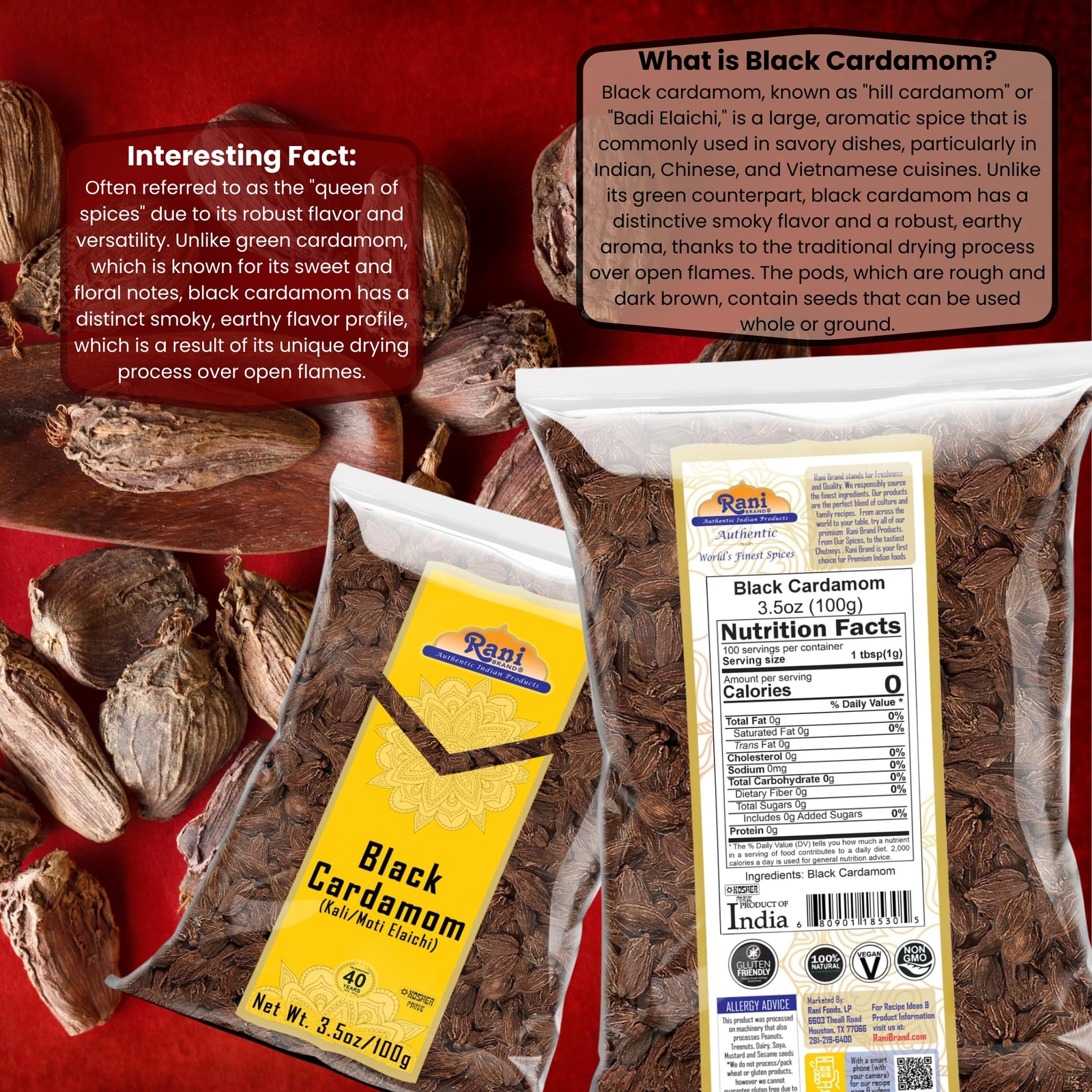 Rani Black Cardamom Pods (Kali Elachi) Whole Indian Spice 3.5oz (100g)