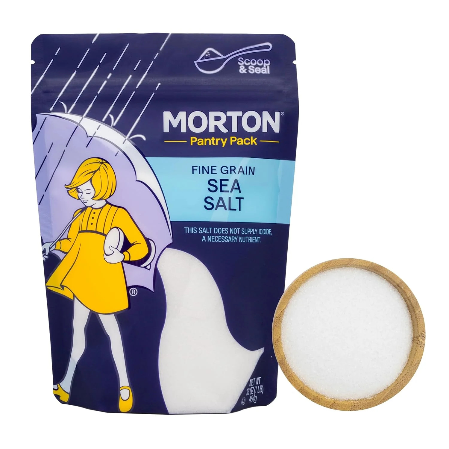 Morton Sea Salt Fine Grain, All-Natural Fine Sea Salt, 1 lb Resealable Pouch