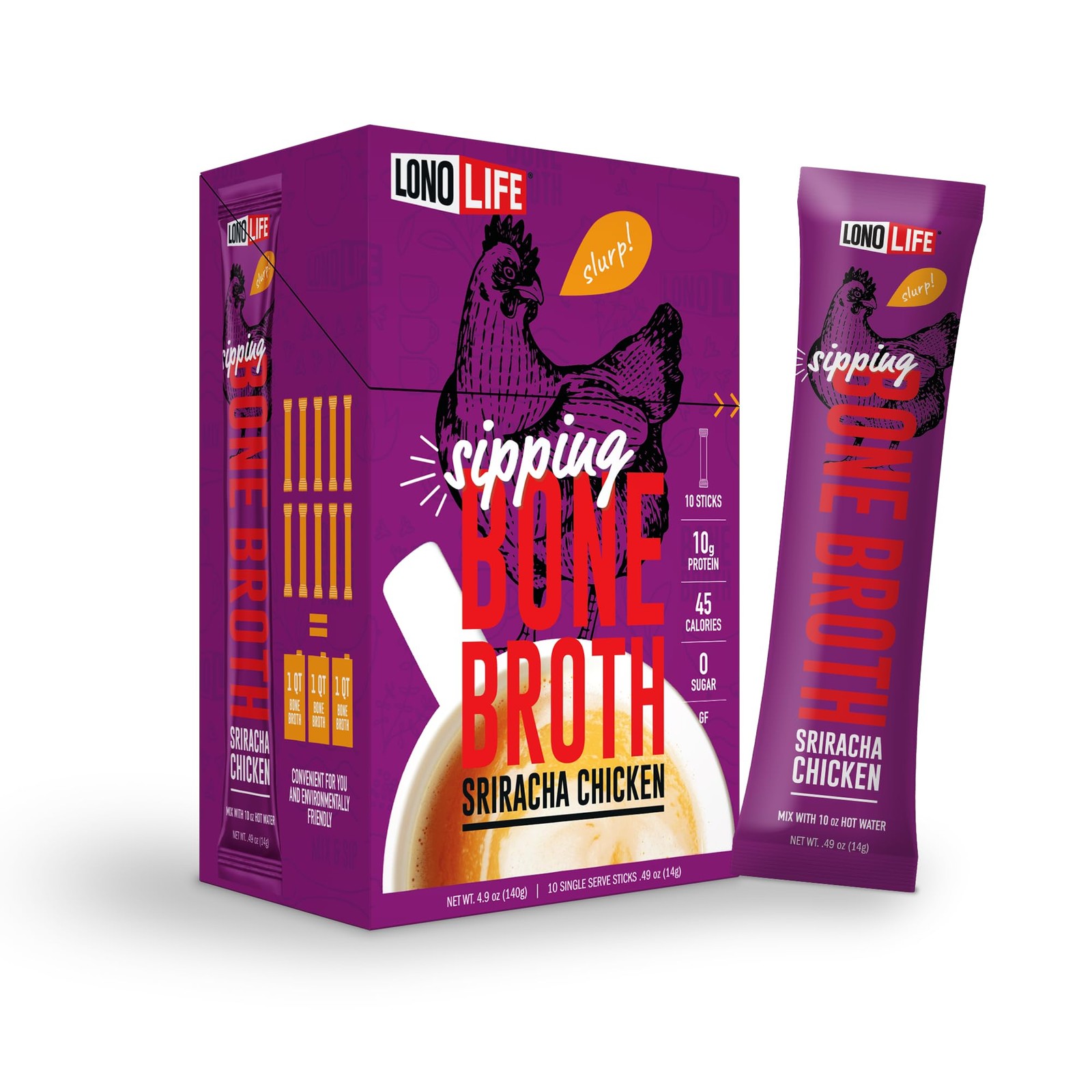 LonoLife Sriracha Chicken Bone Broth Powder Mix, 10g Protein, 10 Stick Packs