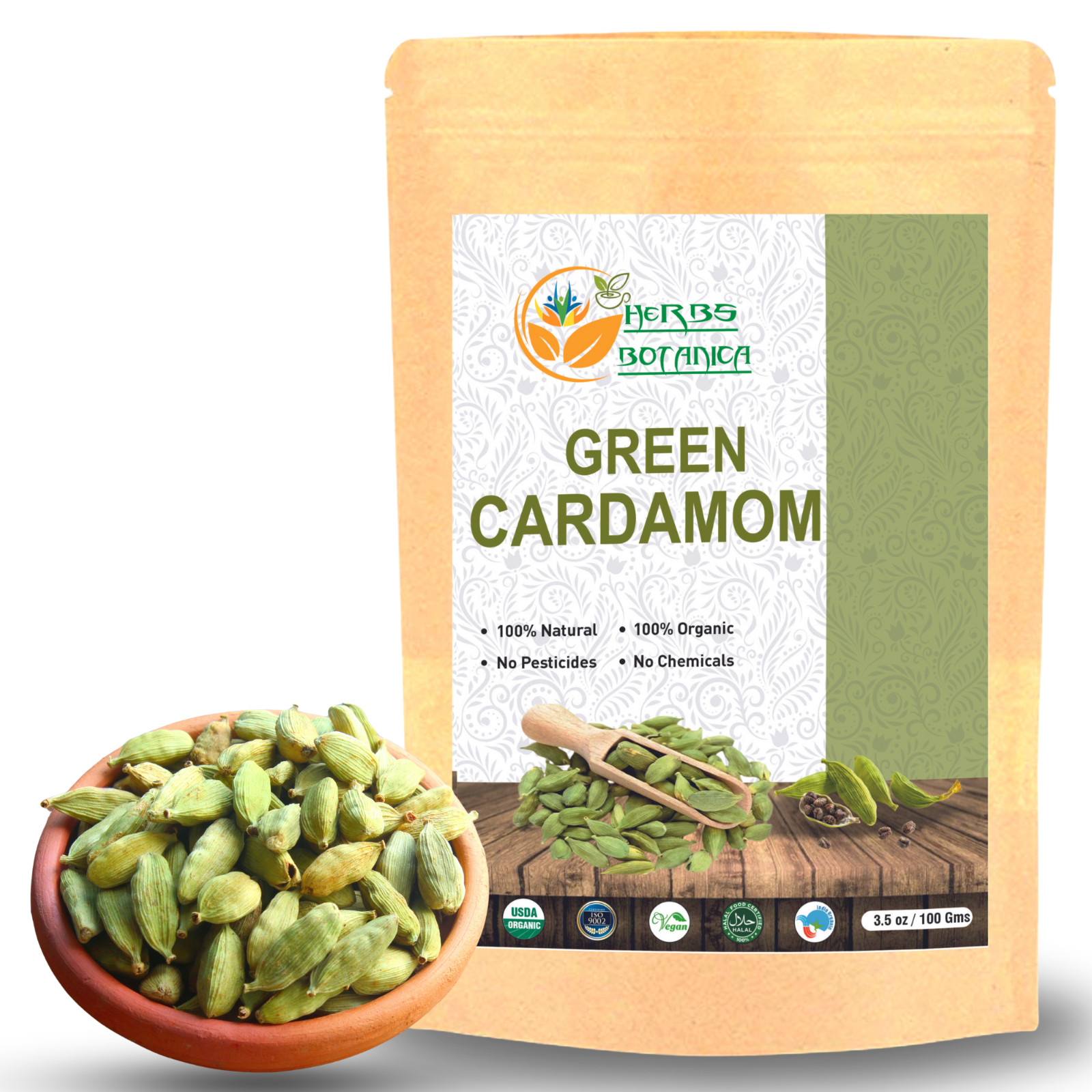 Herbs Botanica Ground Cardamom Powder Pure Green Cardamom Spice 3.5oz / 100g