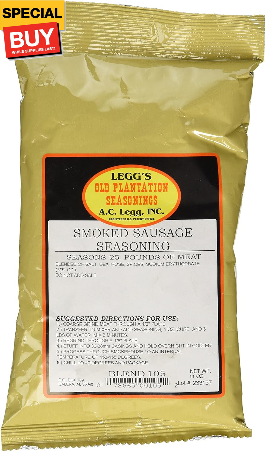 Old Plantation Smoked Sausage Seasoning (Seasons 25 Pounds), 11 Ounce – with Cur