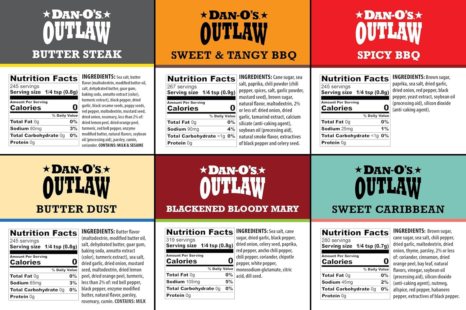 Outlaw Seasoning 6 Bottle Set- Butter Dust, Butter Steak, Spicy BBQ, Sweet Carib