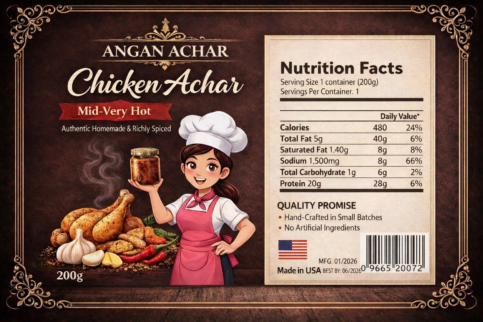Angan Achar Chicken Achar Spice Mix Mid-Very Hot 200g No Artificial Ingredients