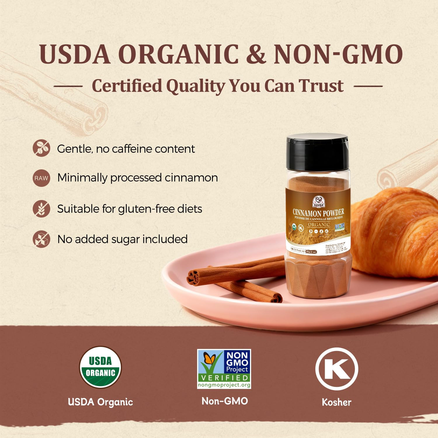 Organic Cinnamon Powder Ground Cassia Spice Baking Cooking USDA Non GMO 2OZ Pure