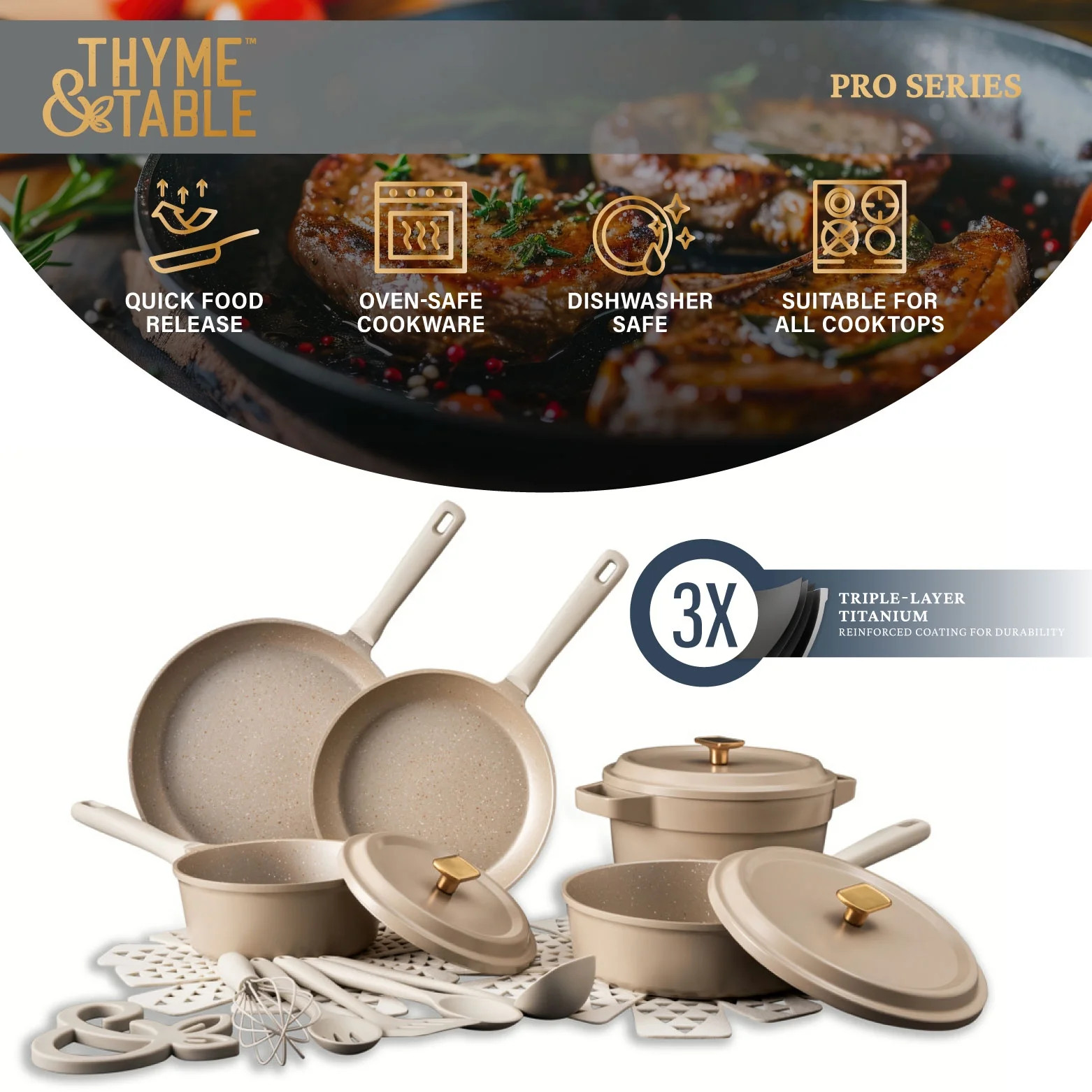 Thyme & Table 18-Piece Non-Stick Diecast Cookware & Silicone Utensil Set, Pots a