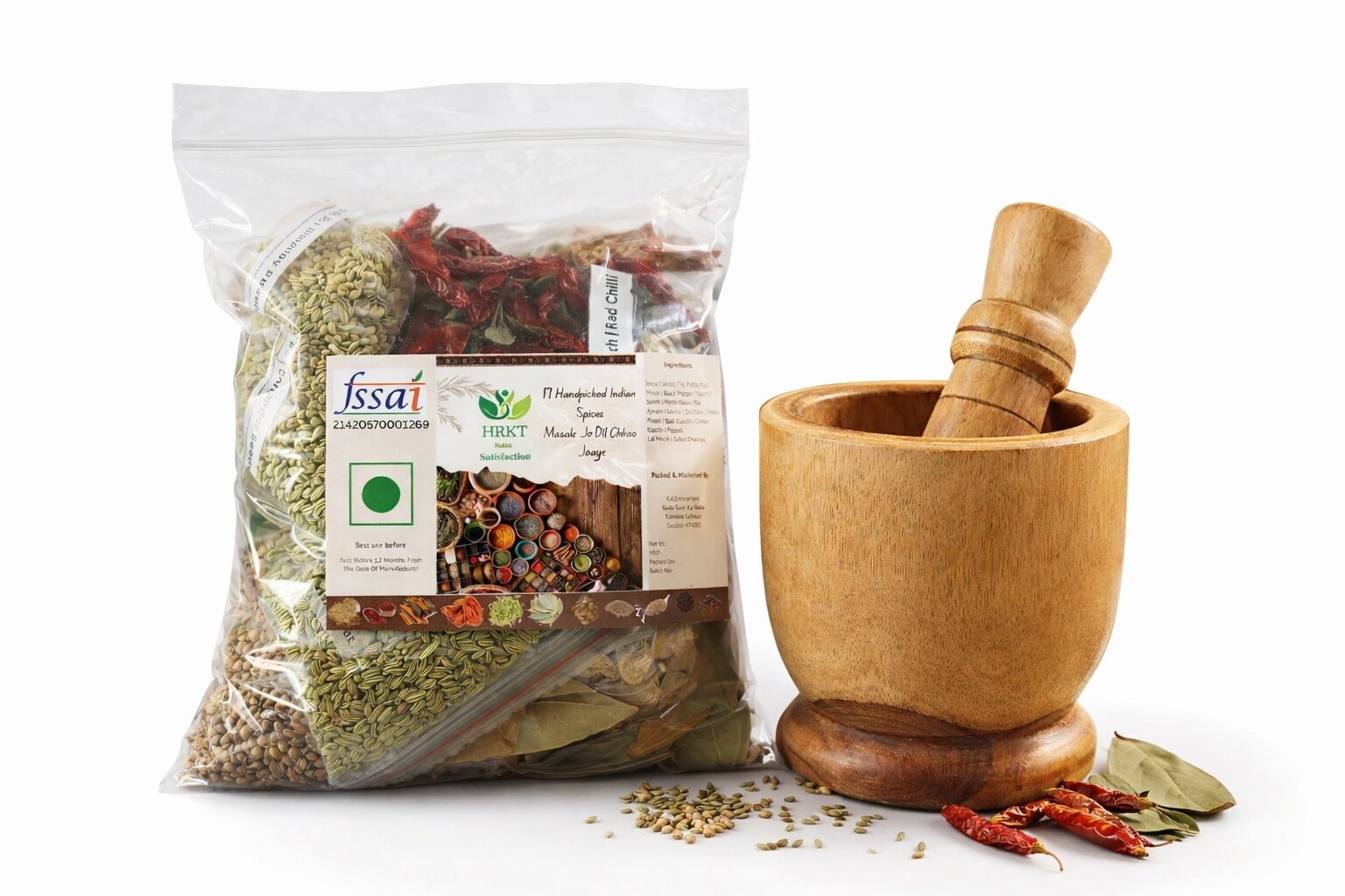 Indian Whole Spice Combo Kit with Wooden Mortar Pestle Authentic Masala Set