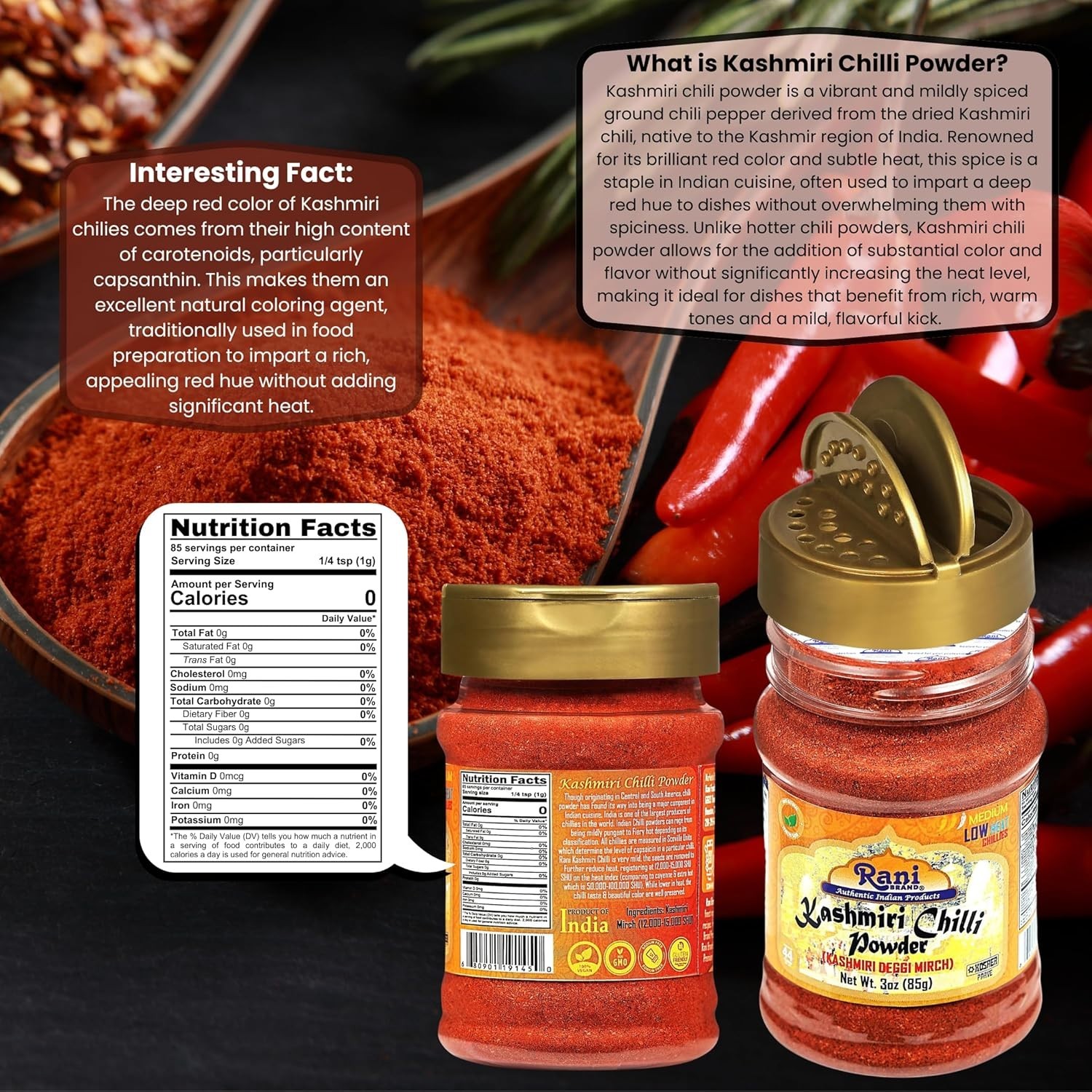 Chilli Powder Deggi Mirch, Low Heat Ground Indian Spice 85g PET Jar ~ All Nat…