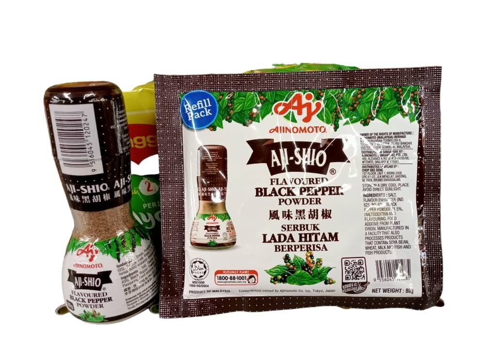AJI-SHIO ( Ajinomoto ) Flavoured BLACK PEPPER POWDER ( 1 bottle + 4 packs )