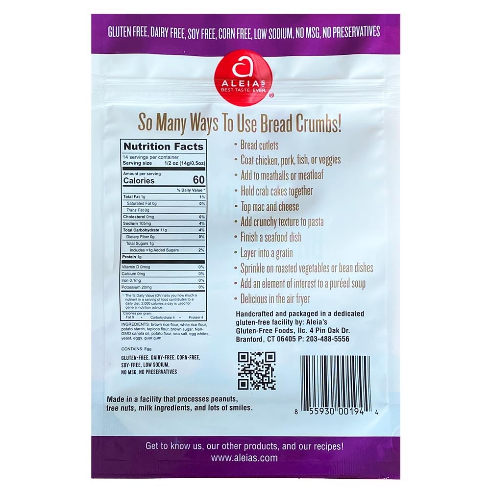 Aleia’s Gluten Free Plain Bread Crumbs – 7 oz (1 Pack) – Classic Gluten Free …