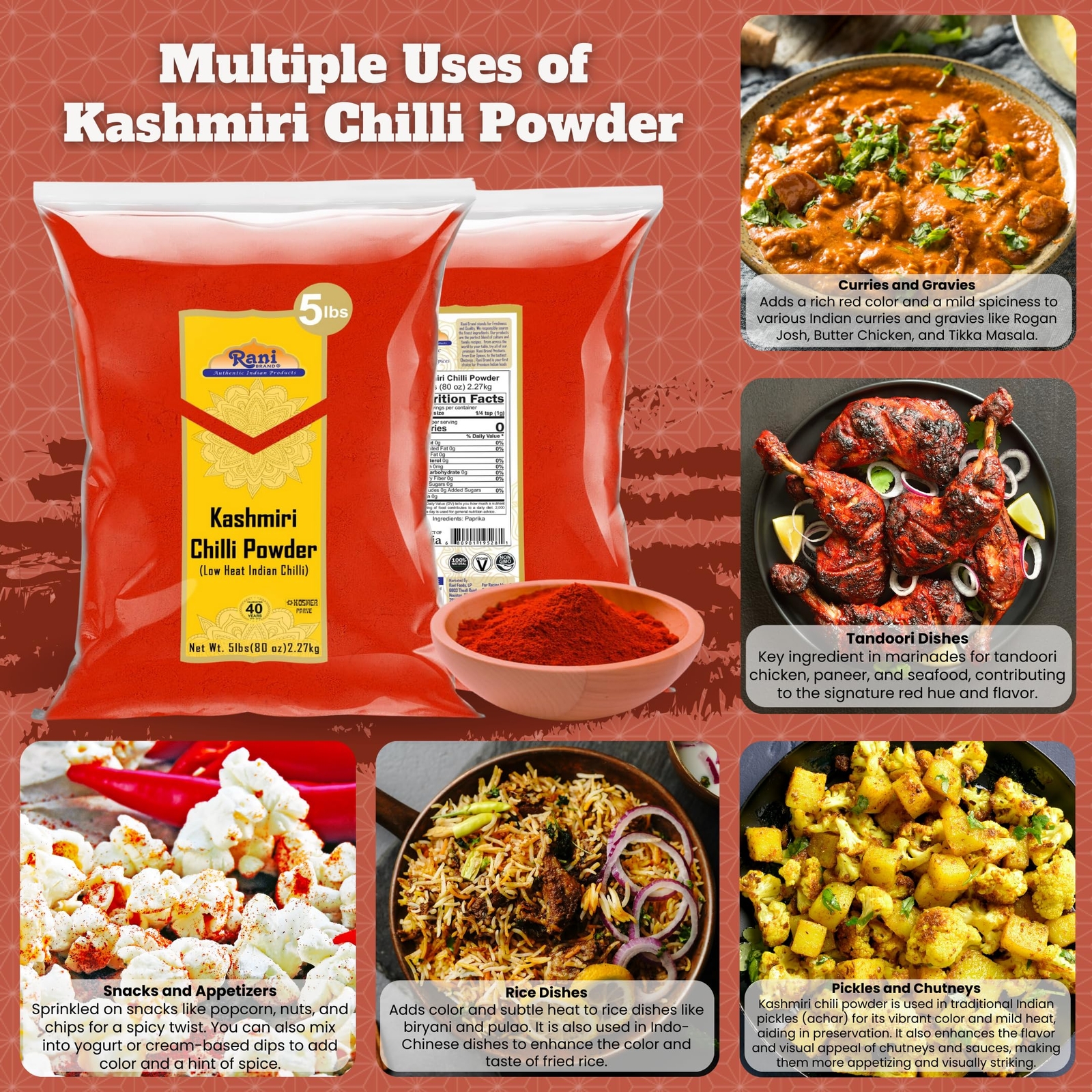 Rani Kashmiri Chilli Powder (Deggi Mirch, Low Heat) Ground Indian Spice 80oz