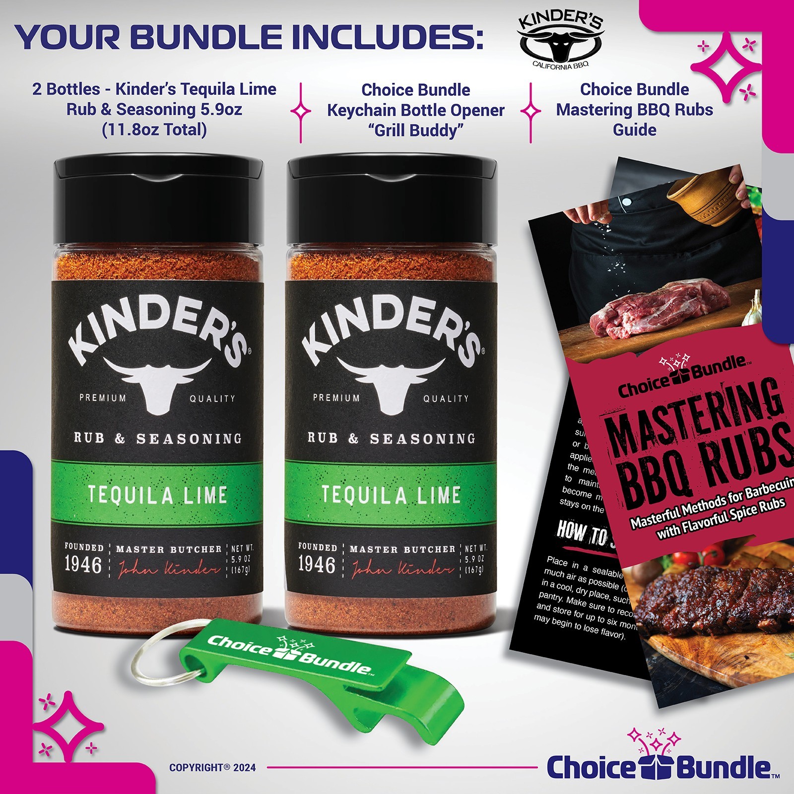 Kinder’s Tequila Lime BBQ Seasoning Rub 5.9 oz 2 PK + Guide & Bottle Opener
