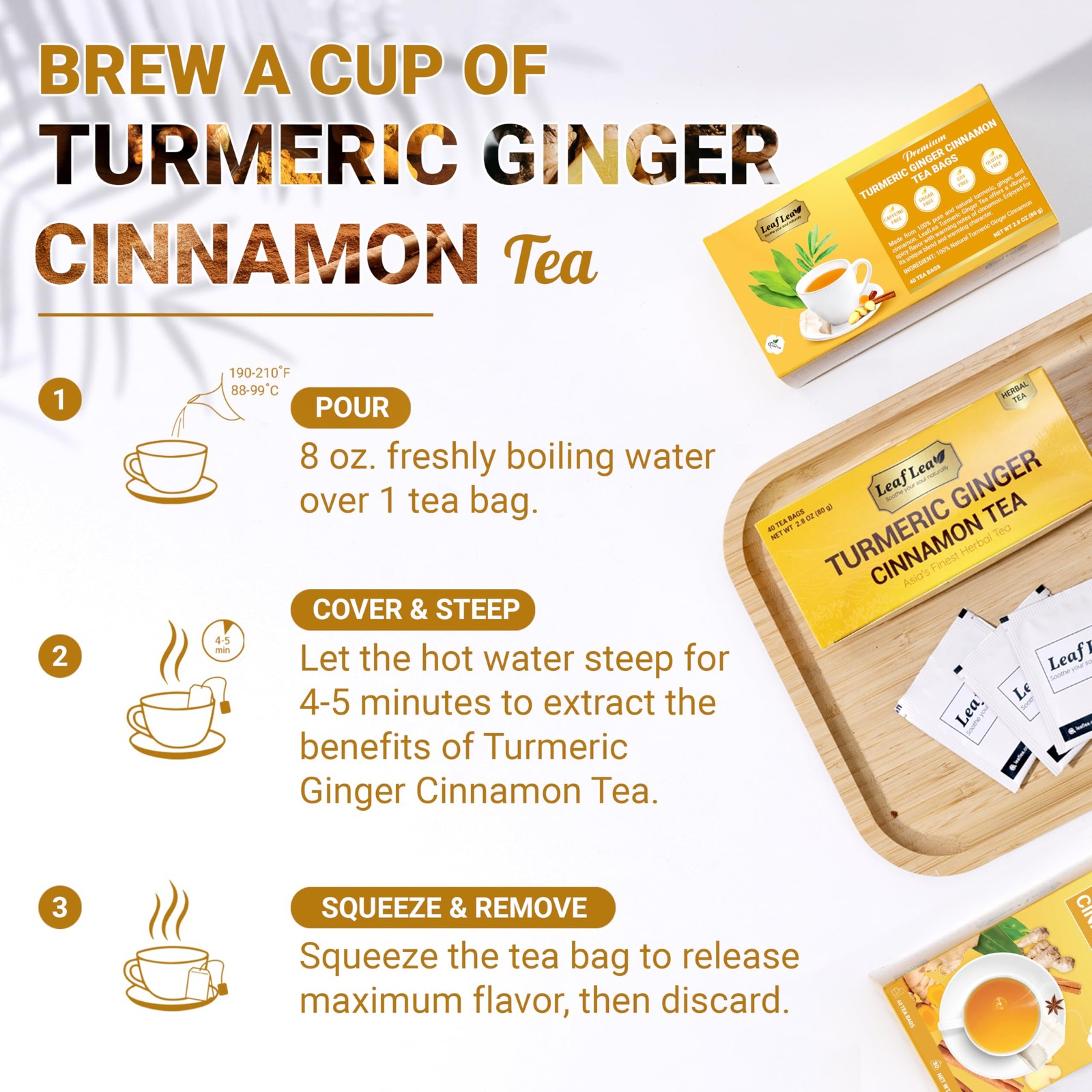 LeafLea 40 Turmeric Ginger Cinnamon Tea Bags, 100% 40 Bags (Pack of 1)