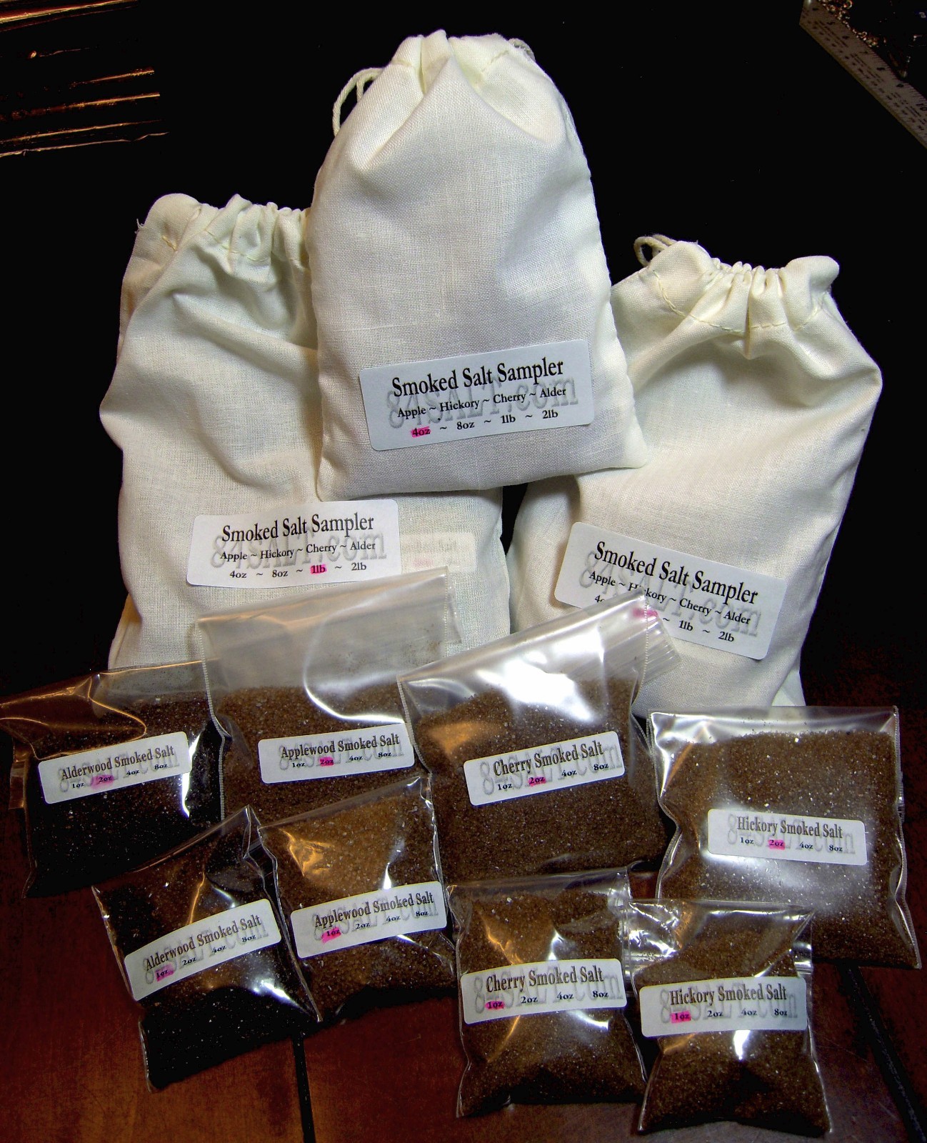 4 Smoked Salts Gift Bag Apple Hickory Cherry Alderwood Fine Grain Kosher gourmet