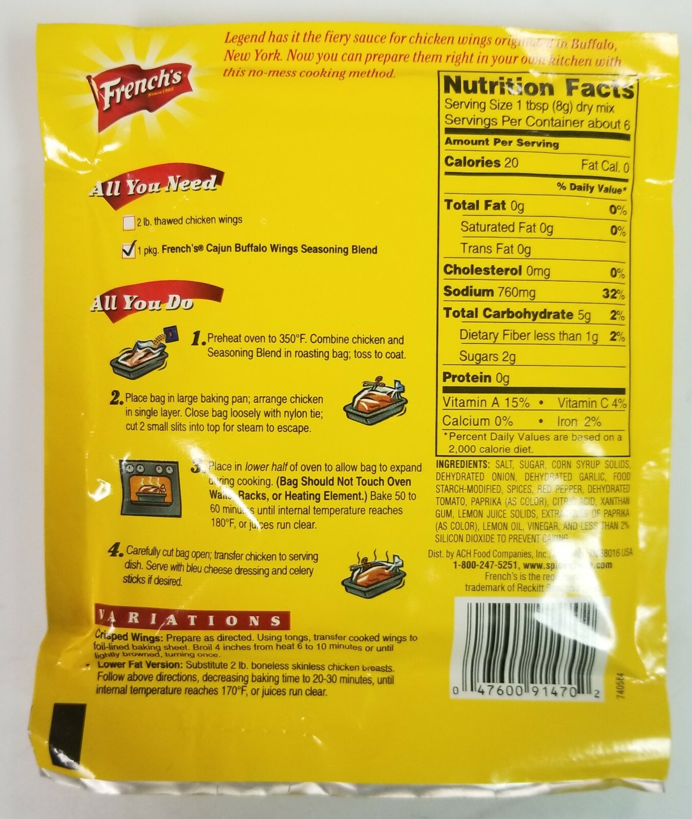 French’s Buffalo Wings CAJUN Seasoning Chicken Roasting Bag 1.59 oz Discontinue