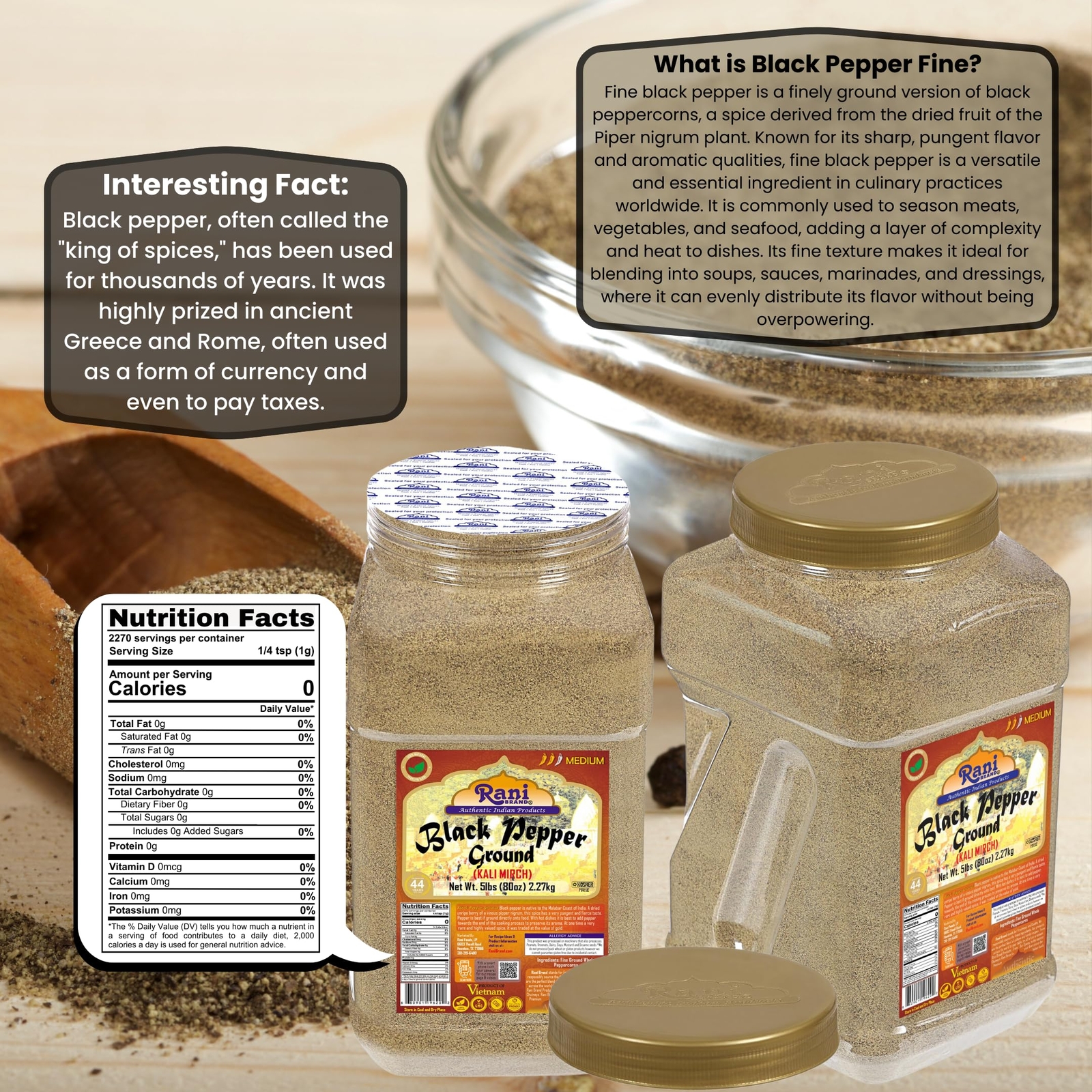 Rani Black Pepper Fine Powder 80 Mesh 80oz (5lbs) 2.27kg Bulk PET Jar