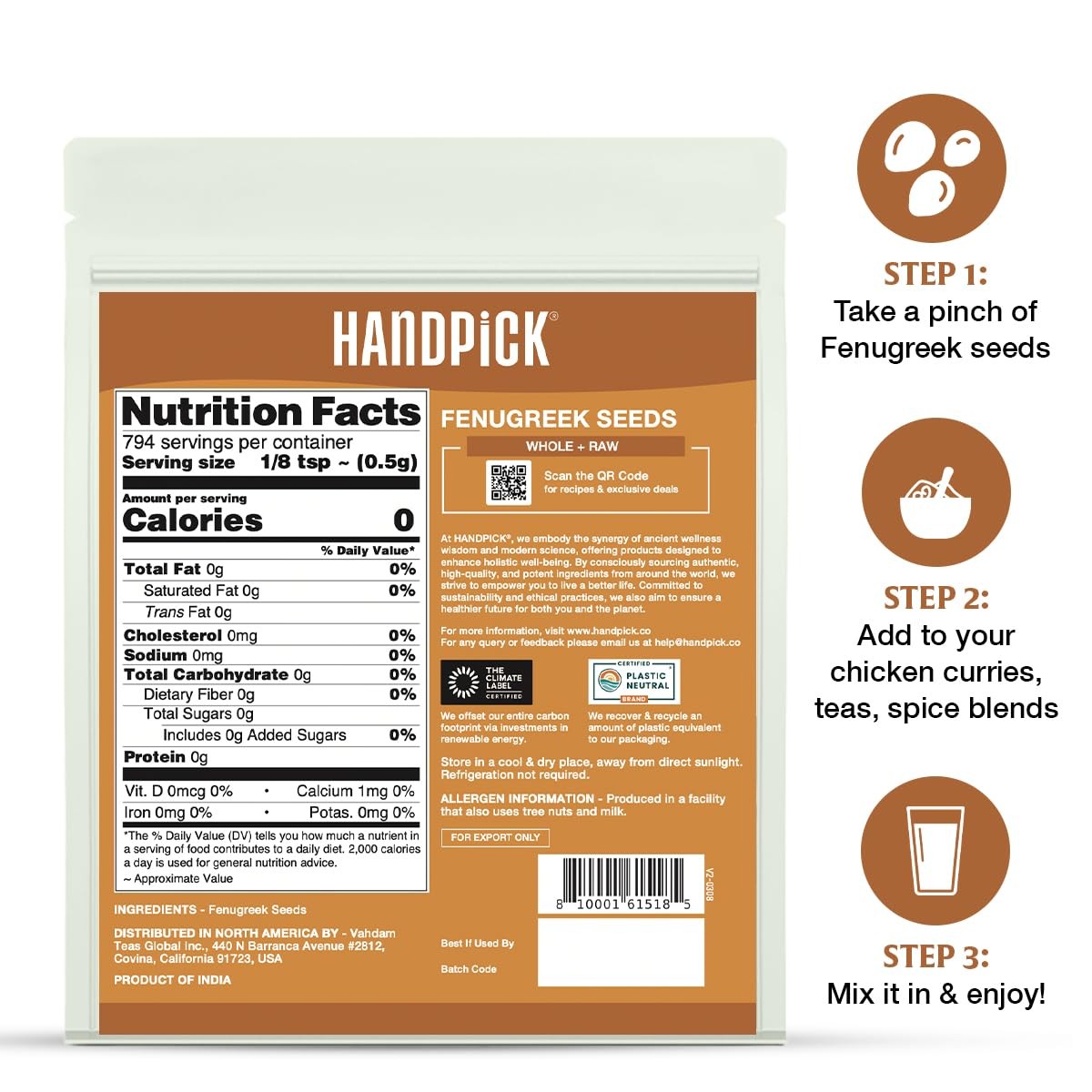 Fenugreek Seeds 14oz – Whole Methi, Indian Origin, Resealable Pouch