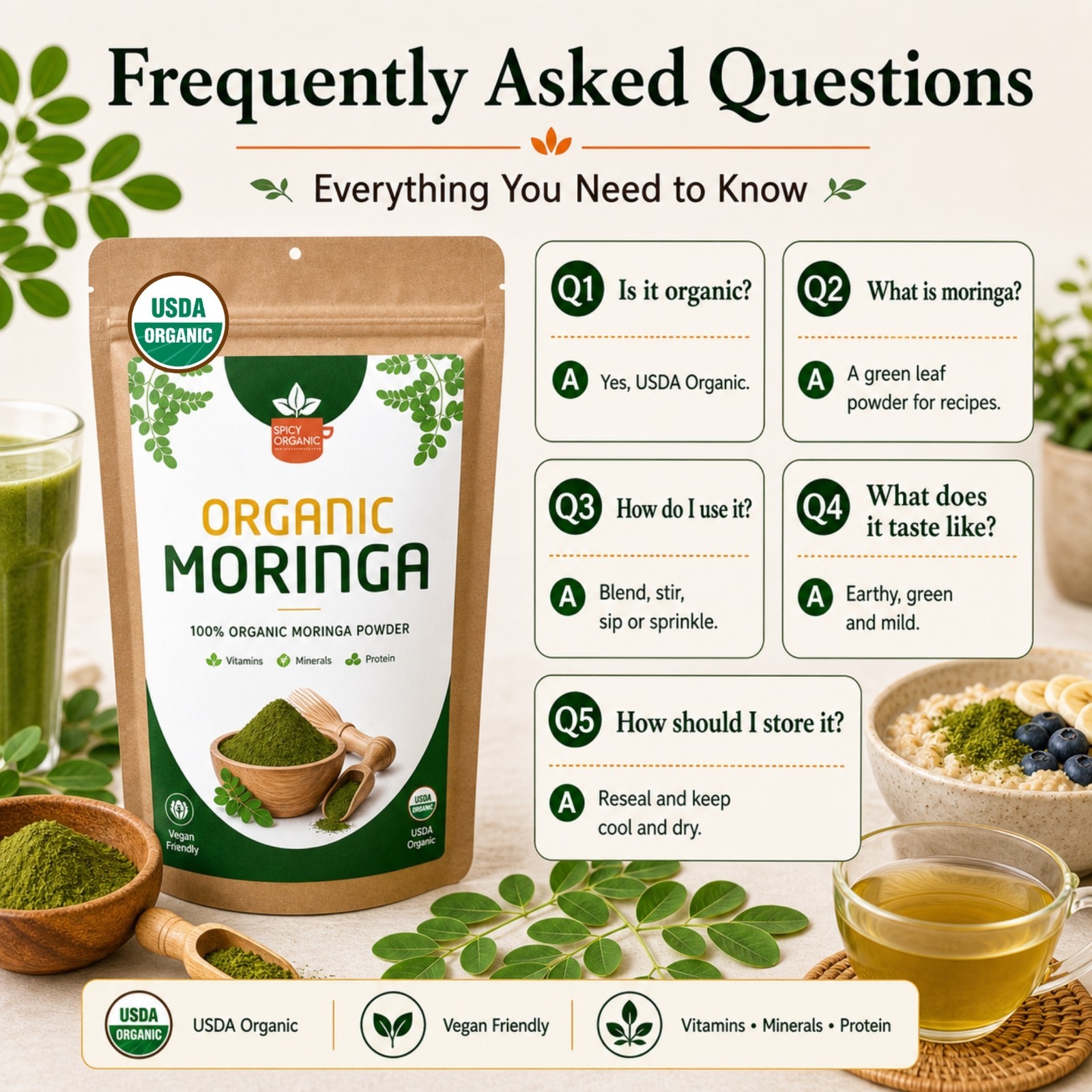 Spicy Organic Moringa Powder 16 oz | USDA Organic