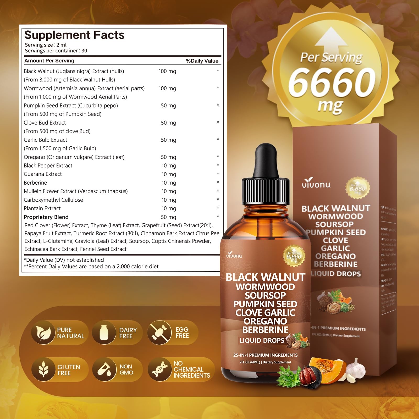 25-in-1 Liposomal Black Walnut Wormwood Clove Tincture, 2 Fl Oz (Pack of 1)