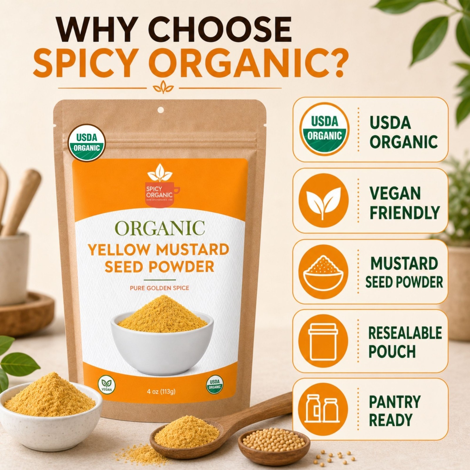 Spicy Organic Yellow Mustard Seeds 8 oz | USDA Organic