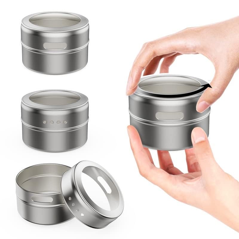 Vetacsion Set of 8 Magnetic Spice Tins with 2 Metal 8 Pack, Silver