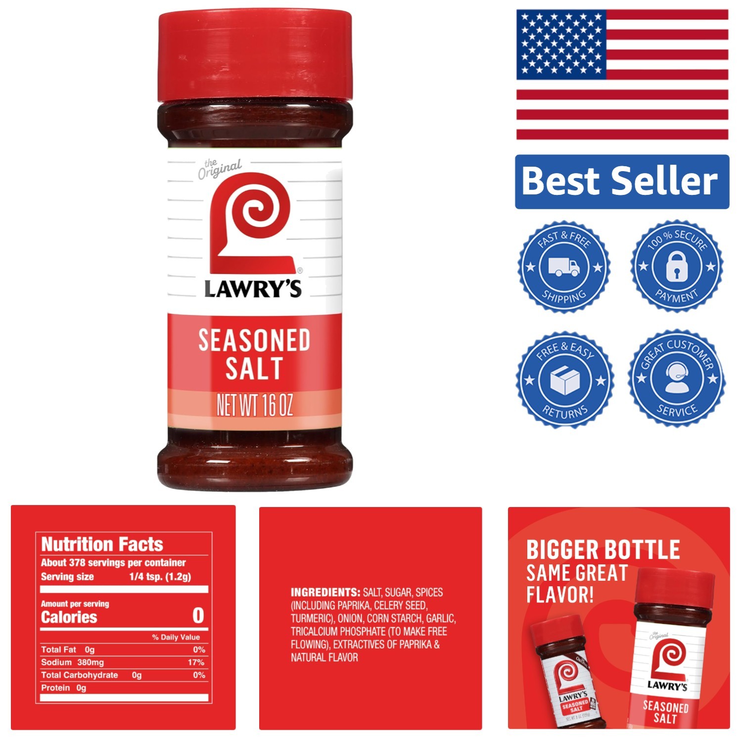 Lawry’s Seasoned Salt – 16 oz All-Purpose, Non-GMO, Keto-Friendly