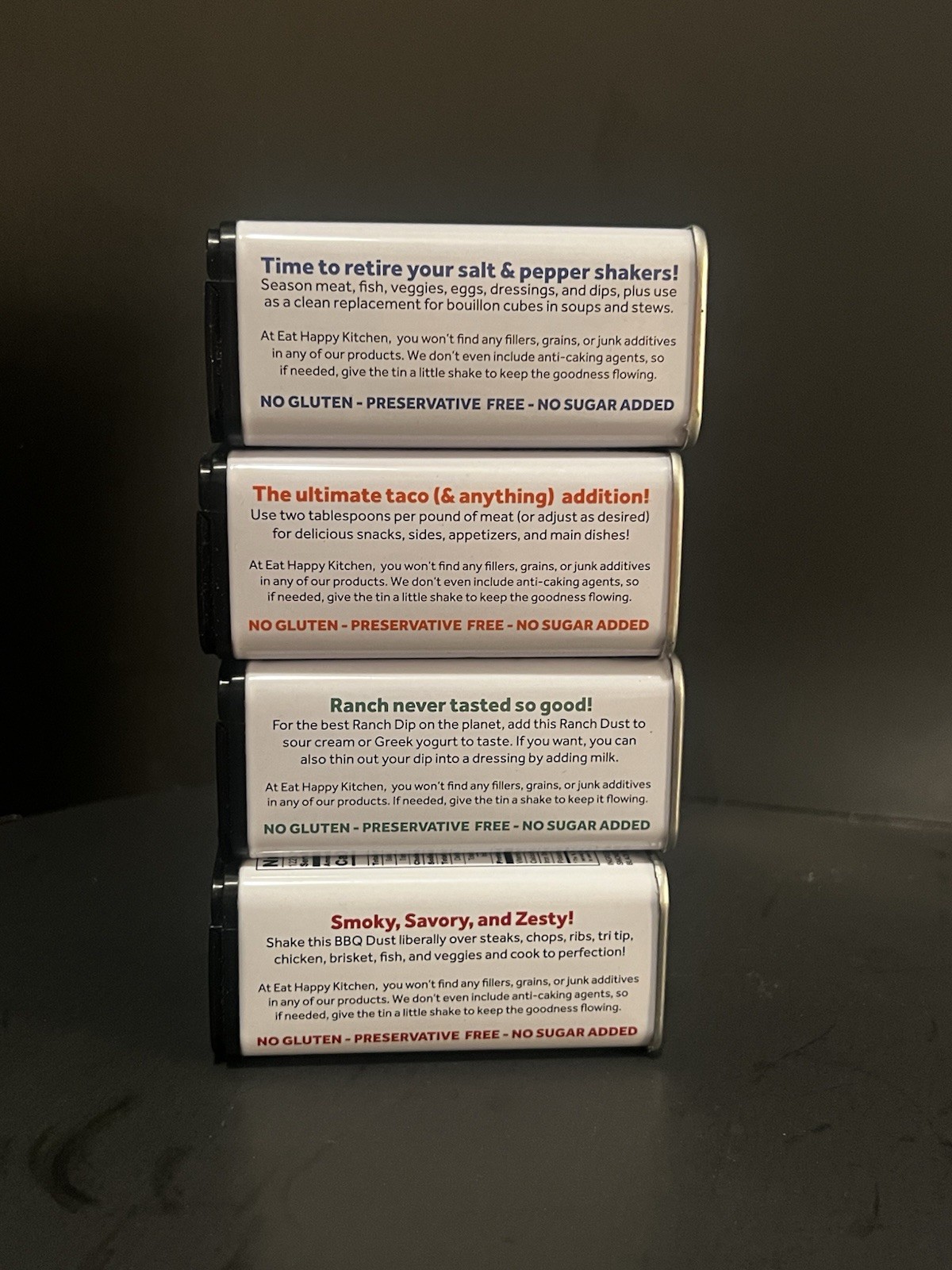 (4-Pack) Eat Happy Kitchen – Premium Seasoning – Taco, Ranch, BBQ, Salt Dust