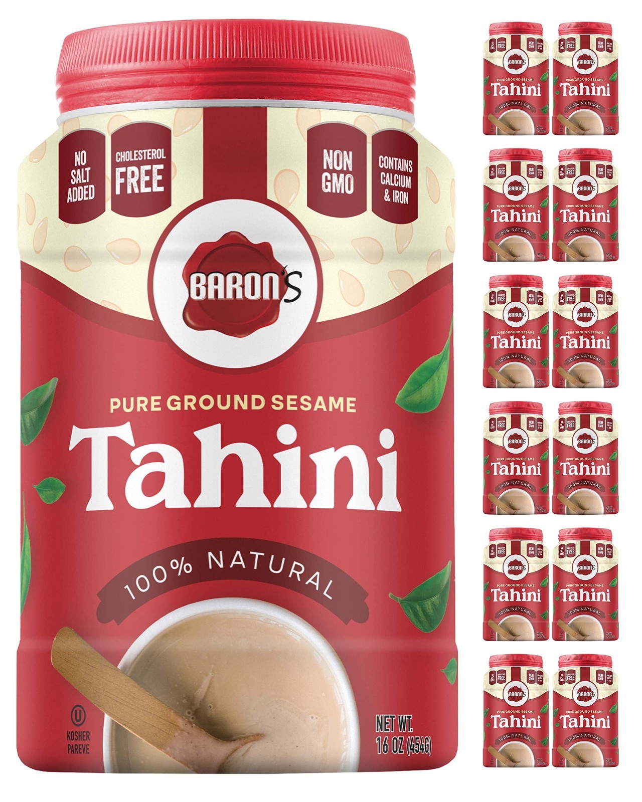 12 Pack 1 Pound Baron s Kosher 100% Pure Ground Sesame Tahini 16-ounce Jars-NEW