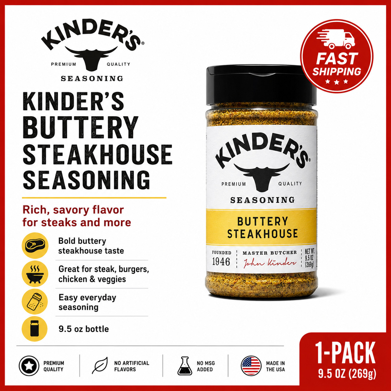 Kinder’s Organic Buttery Steakhouse Seasoning, 9.5 oz