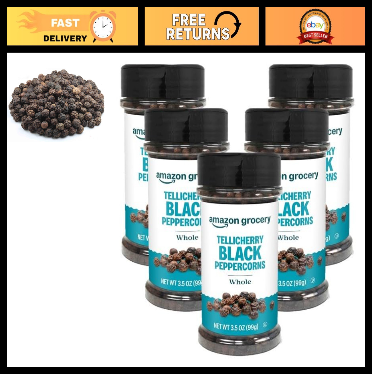 Whole Black Peppercorns – Tellicherry, 3.5 Oz (Pack of 5) – Premium Spice for Co