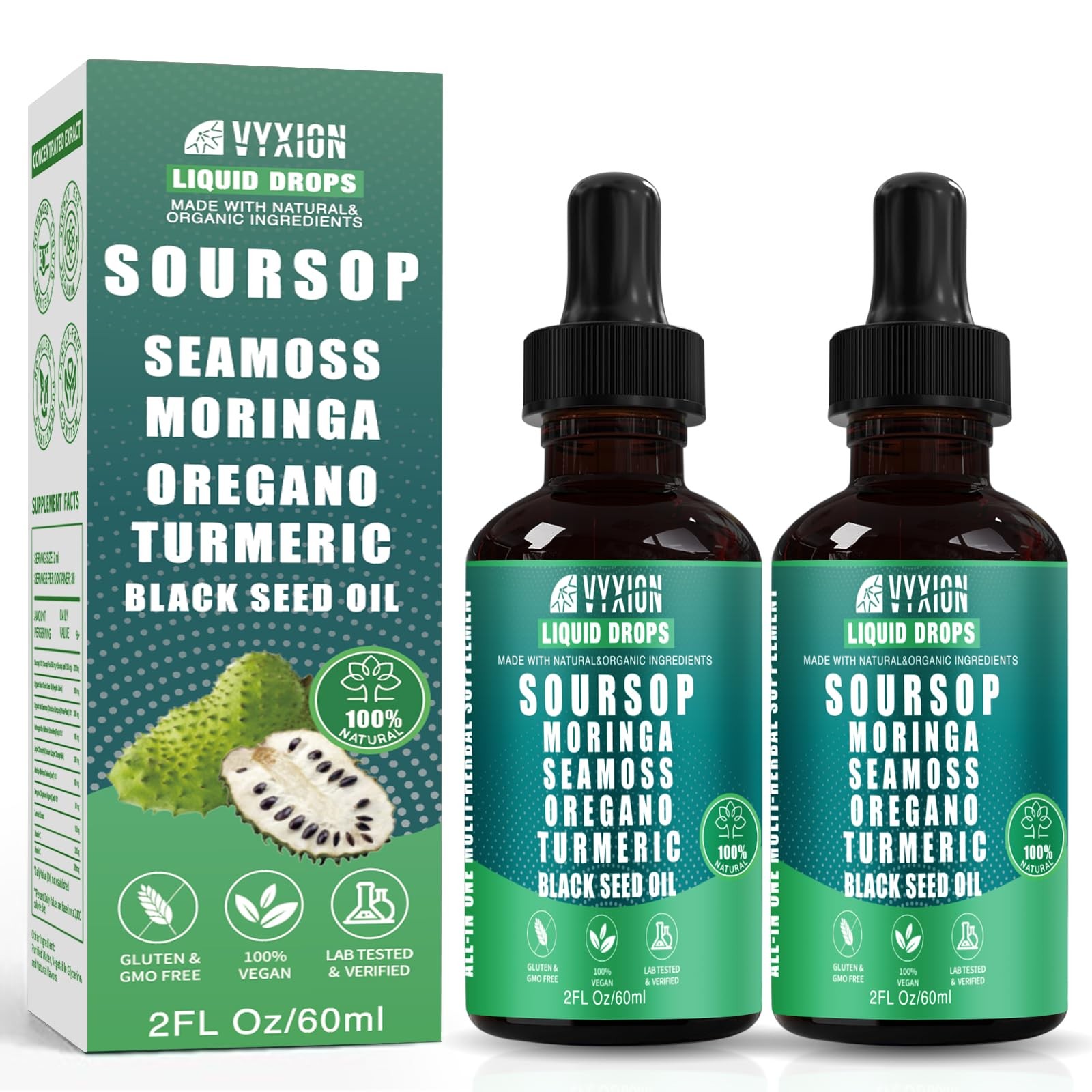 Soursop Pure Liquid Drops 10 in 1 with Sea Moss, Moringa, 2 Fl Oz (Pack of 2)