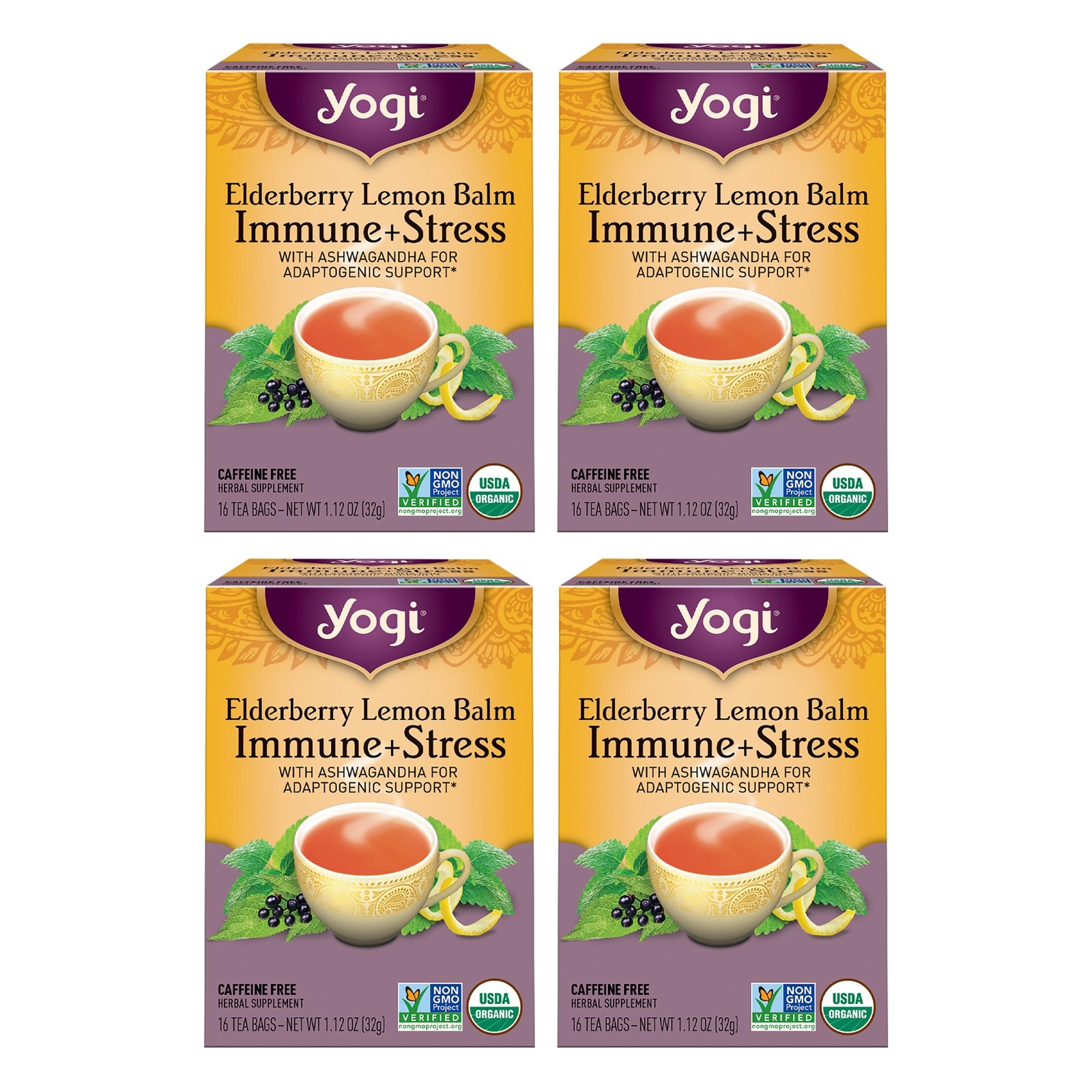Yogi Tea Elderberry Lemon Stress & Immune Support – 16 Count (Pack of 4)