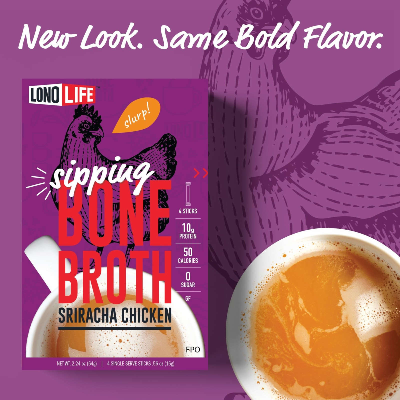 LonoLife Sriracha Chicken Bone Broth Powder Mix, 10g Protein, 10 Stick Packs