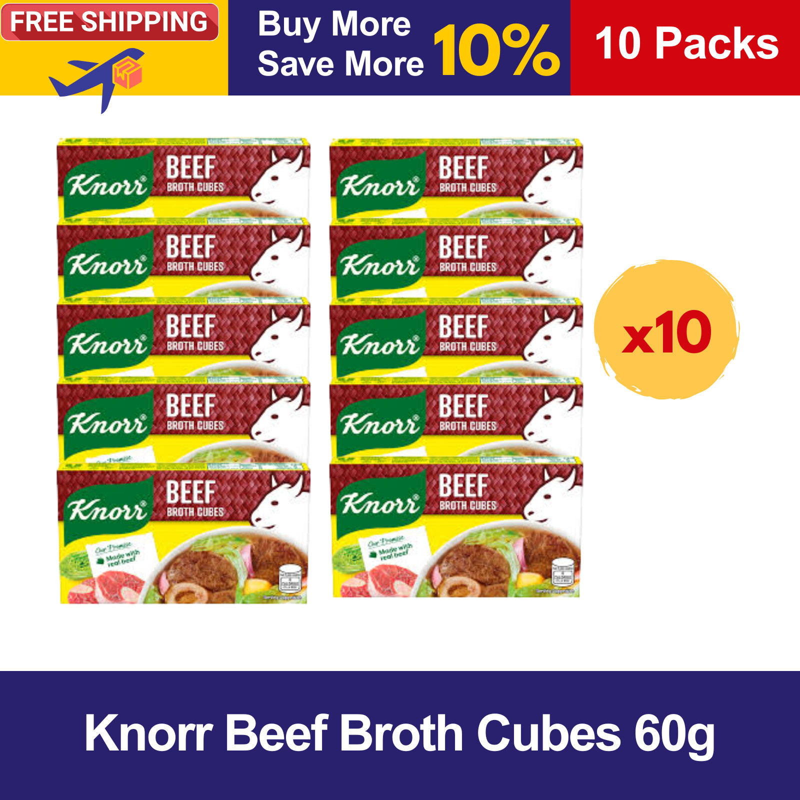 10X Knorr Beef Stock Cubes 60g, Rich Beef Savory Broth Seasonings