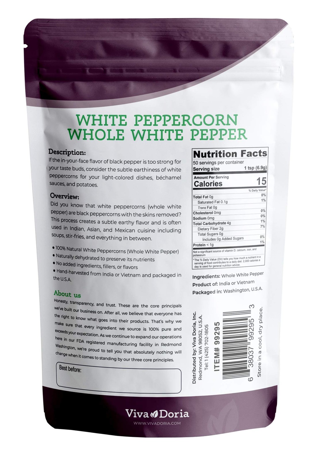 Viva Doria White Peppercorn, Whole Pepper, 12 Oz 12 Ounce (Pack of 1)