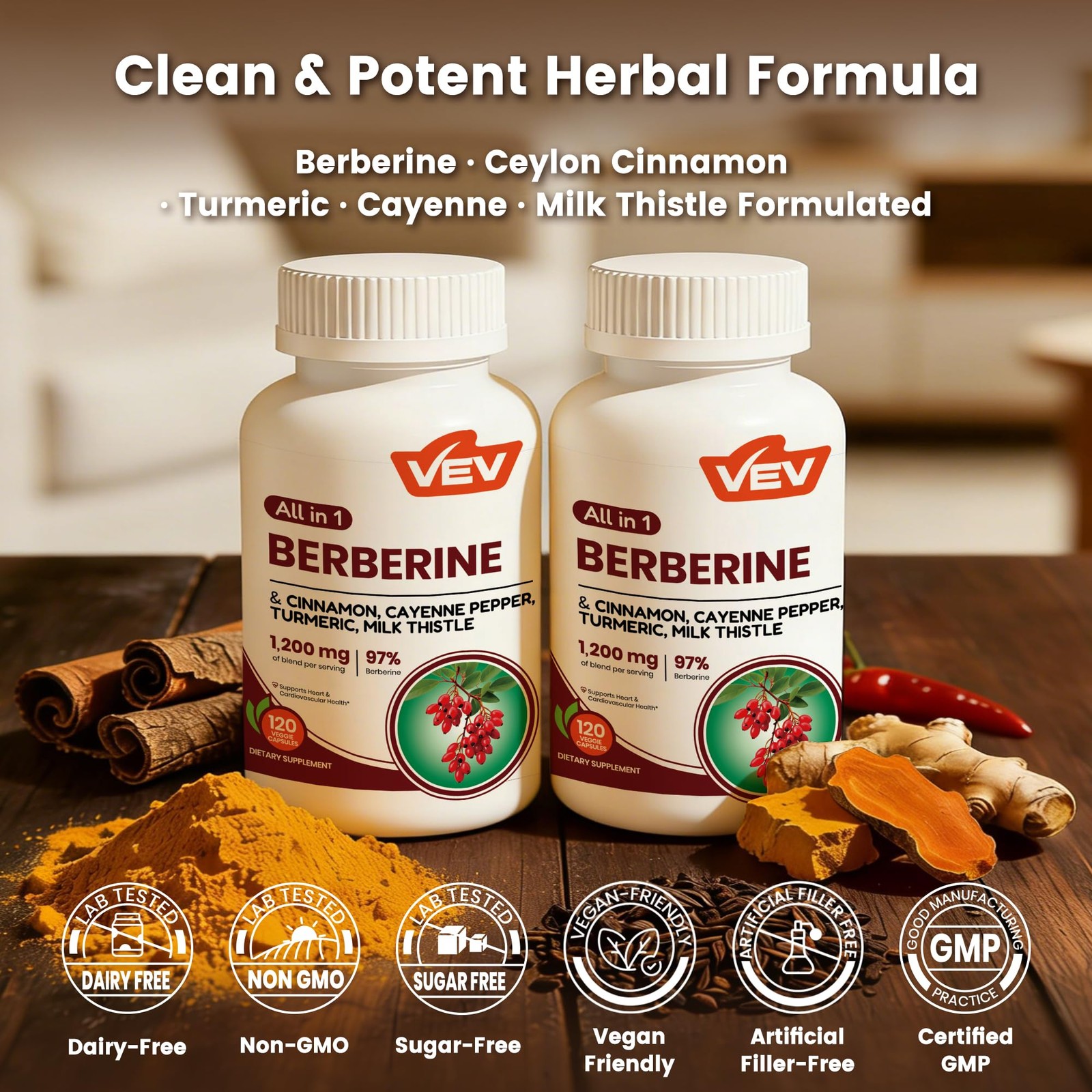 VEV Berberine Supplement with Ceylon Cinnamon for Daily 120 Count (Pack of 2)