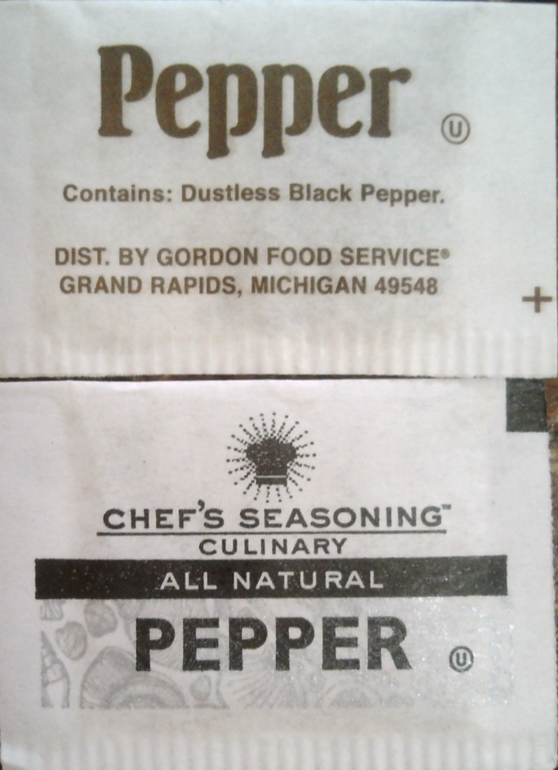 Approx. 7.5oz single-use pepper packets (Gordon Food Service & Chef’s Seasoning)