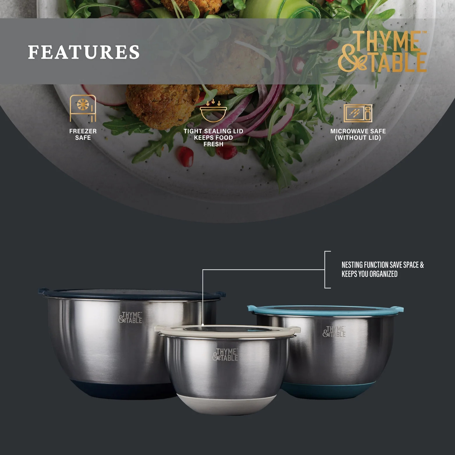 Thyme & Table Mixing Bowl Set – 6pc Nesting, Blue, Lids