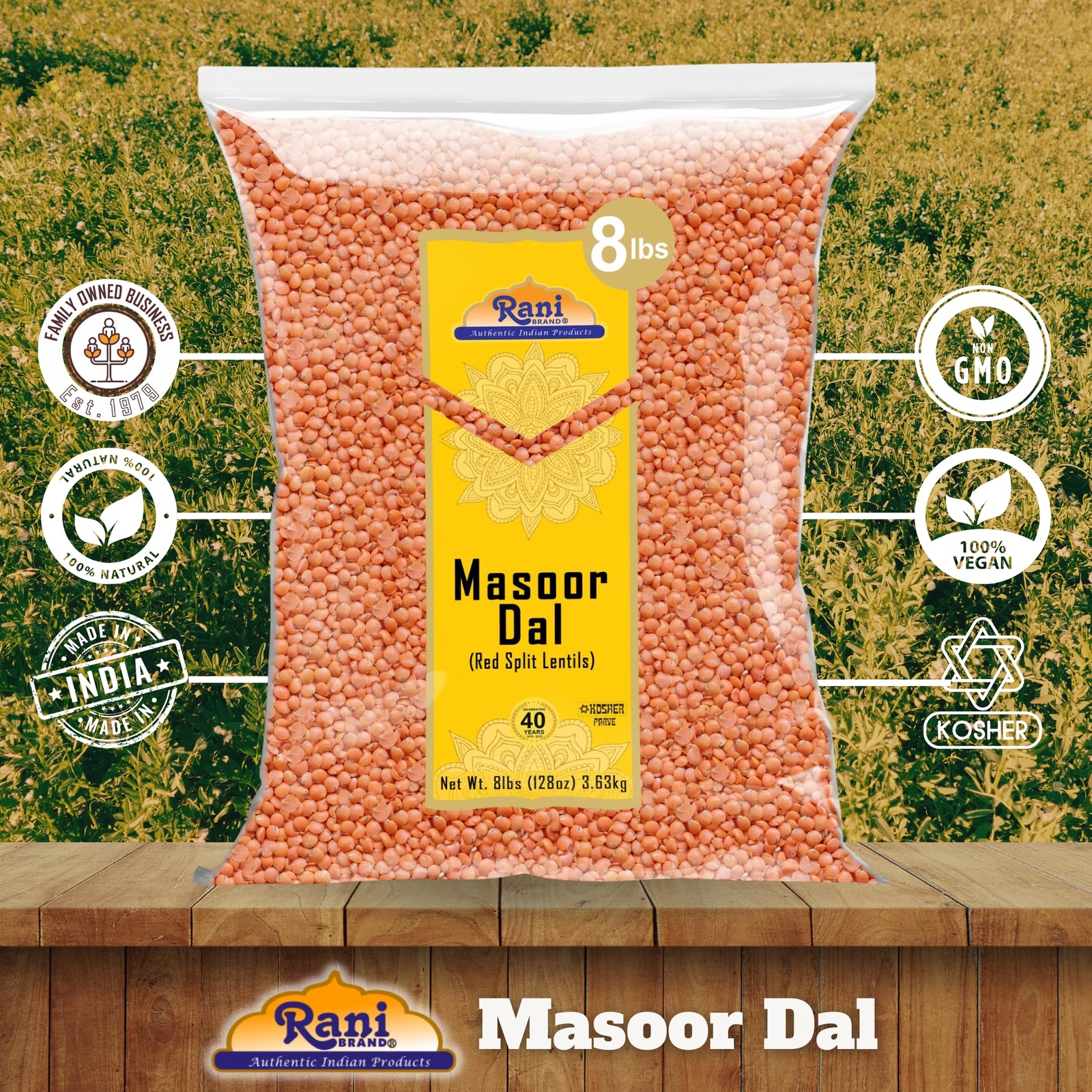 Rani Masoor Dal (Indian Red Lentils) Split Gram, 128oz (8lbs) 3.63kg, Bulk