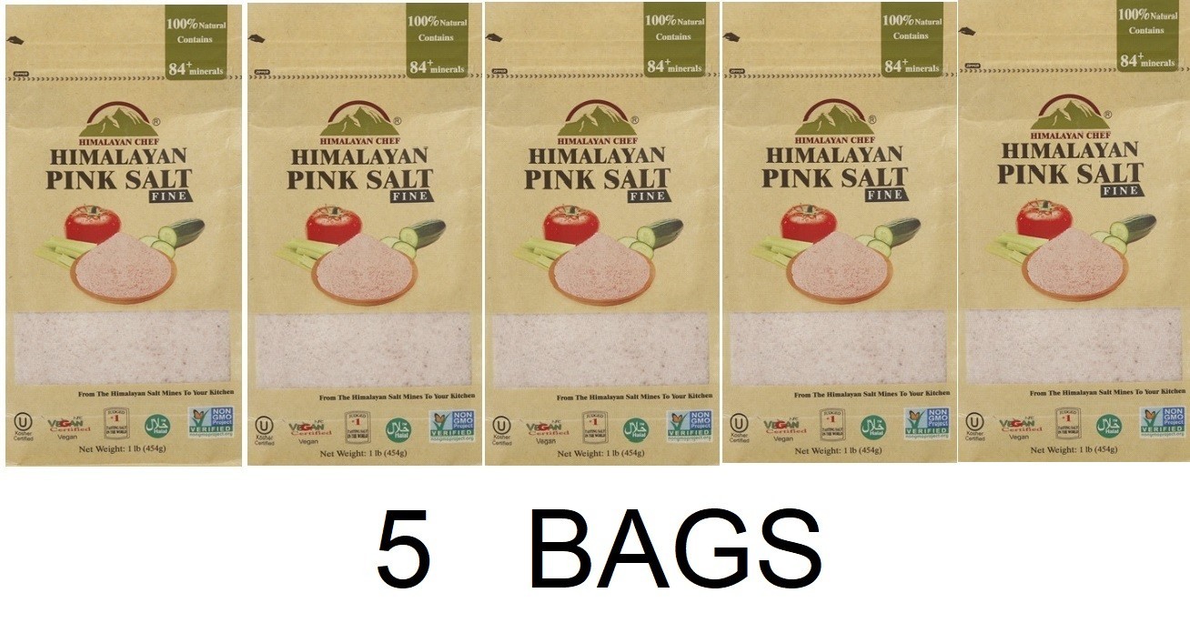 HIMALAYAN CHEF Pink Salt FINE 100% Naturally Pure NON GMO 16 oz Bag – 5 BAGS