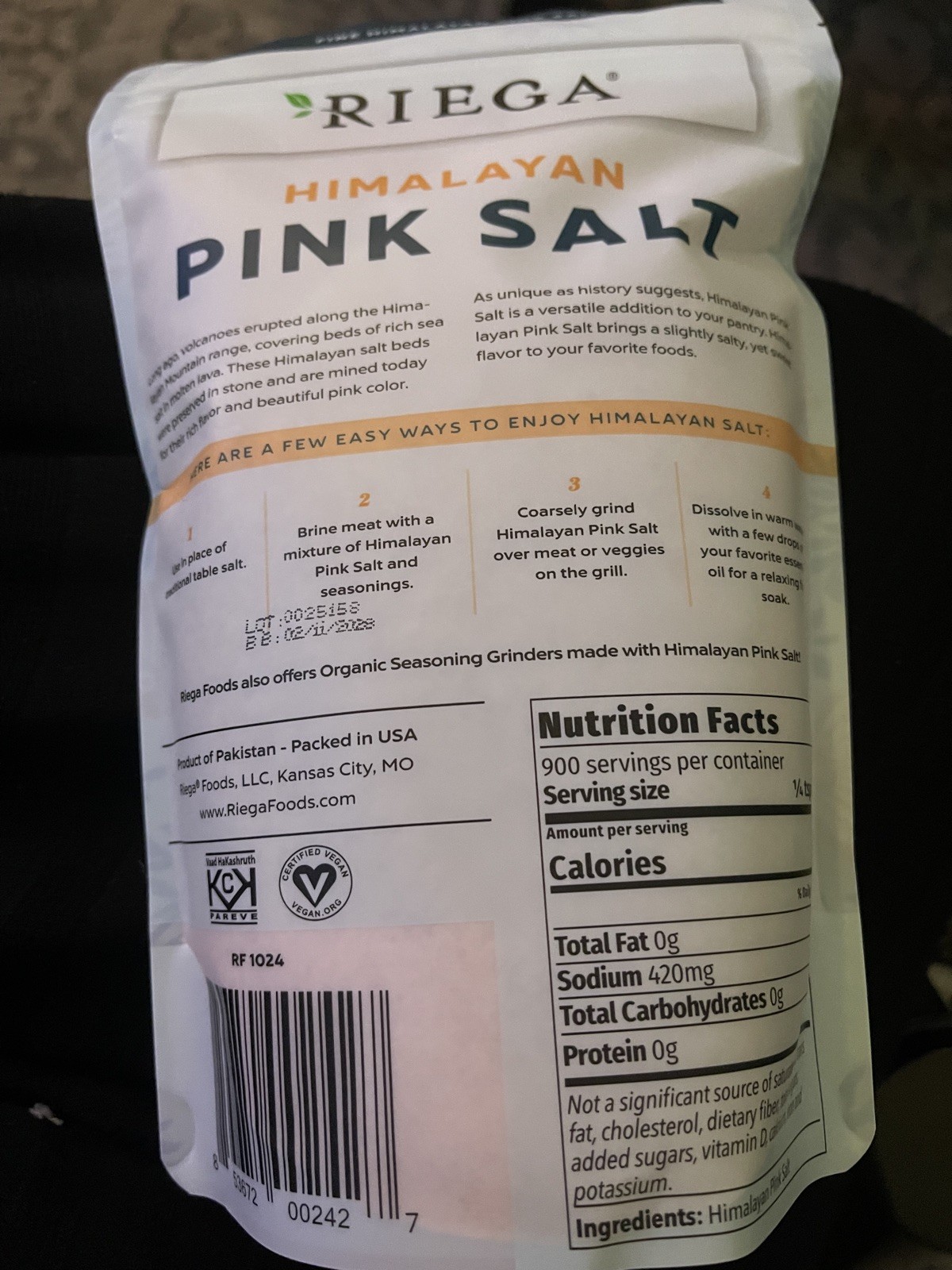 Riega Himalayan Salt 2 pounds (900 g) new resealable bag