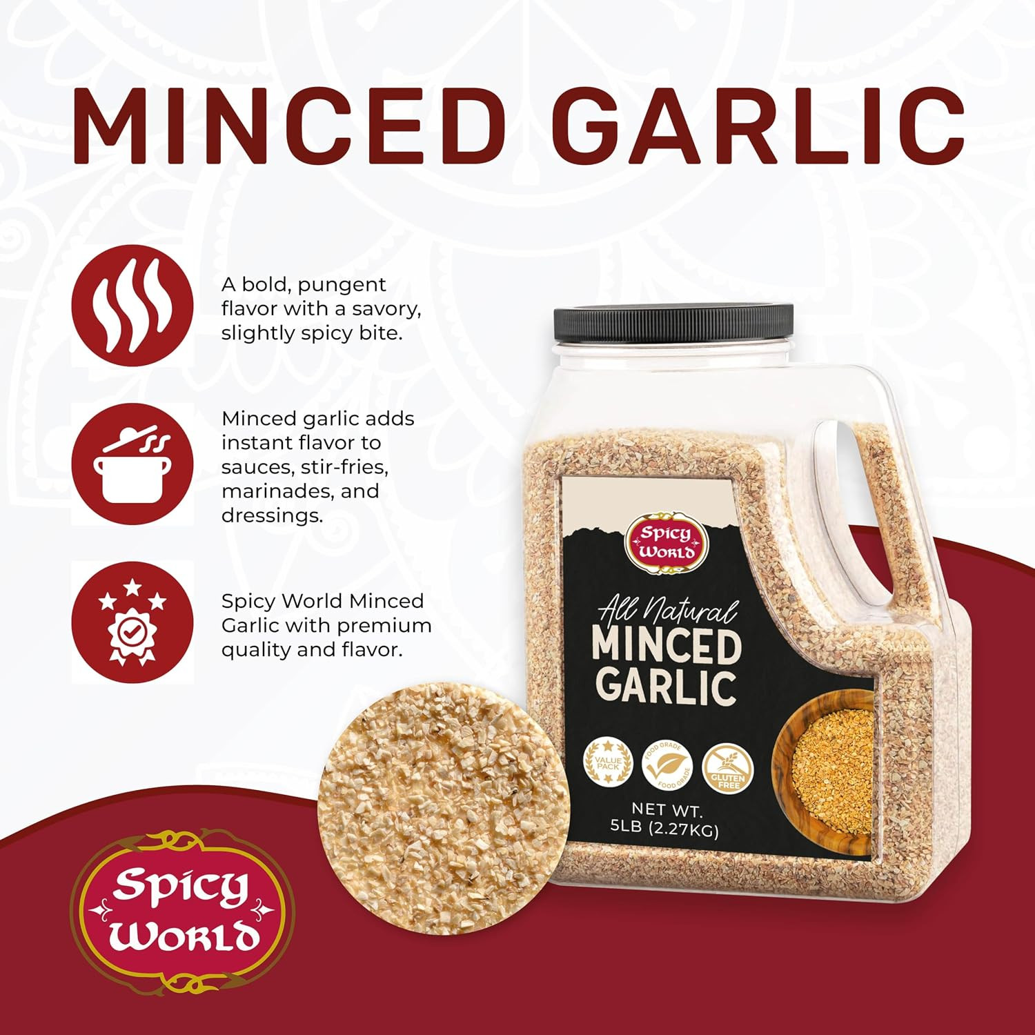Spicy World Minced Garlic 5 LB Jar – Gluten Free, Dehydrated Garlic Minced, Non-